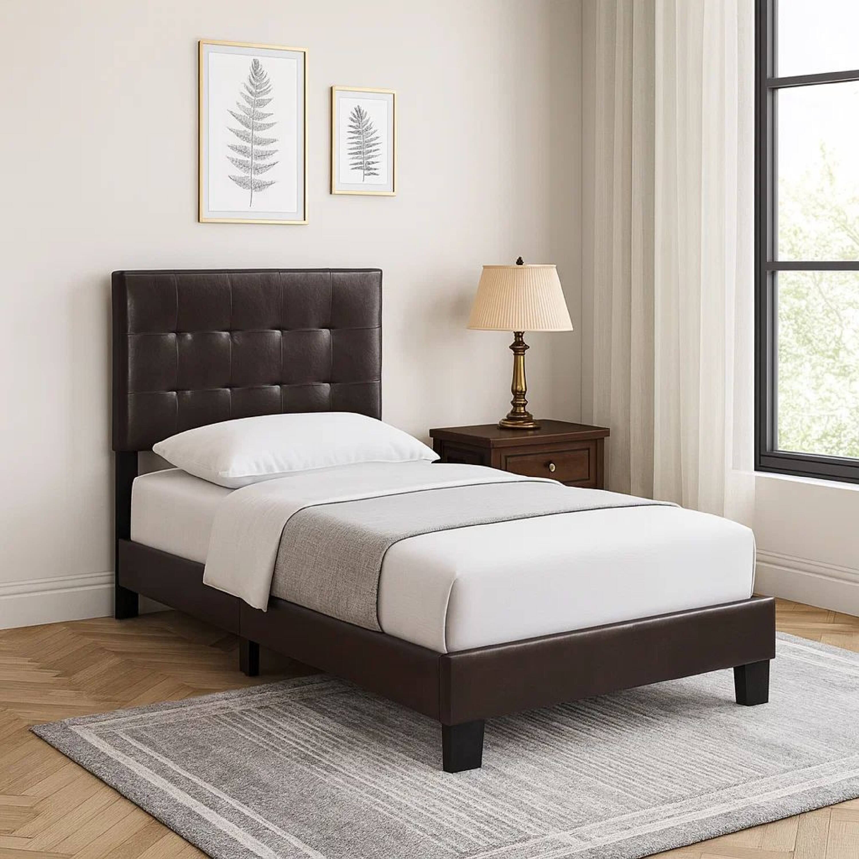 Alt View 6. Manhattan Lane - Full Leatherette Bed with Checkered Tufted Headboard - Brown.