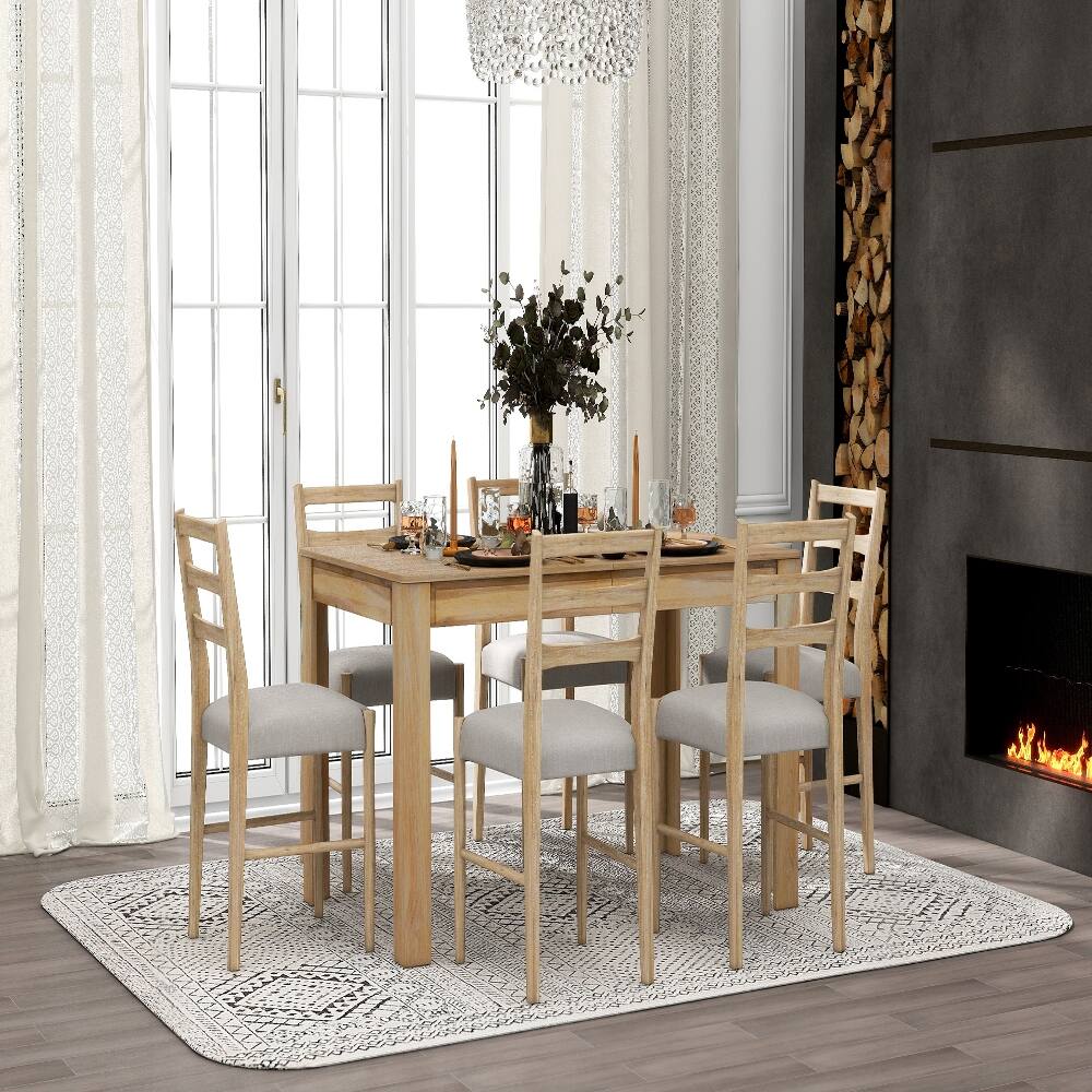 Angle. Loheer - Loheer 7-Piece Farmhouse Dining Table Set Extendable Wooden Dining Set with Leaf 6 Upholstered Chairs Natural Wood Wash - Natural Wood Wash.