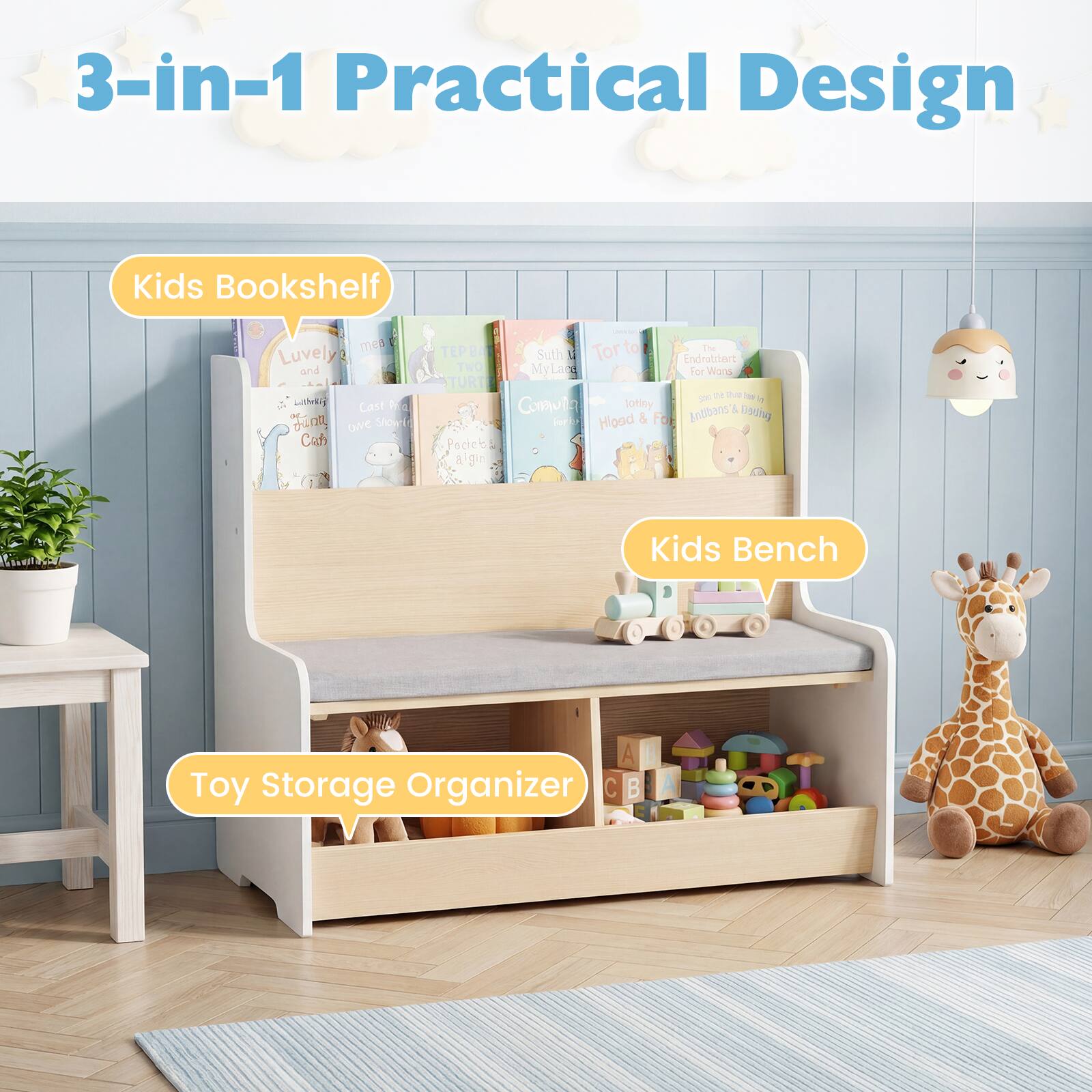 3-in-1 Practical Design

Kids Bookshelf

Kids Bench

Toy Storage Organizer