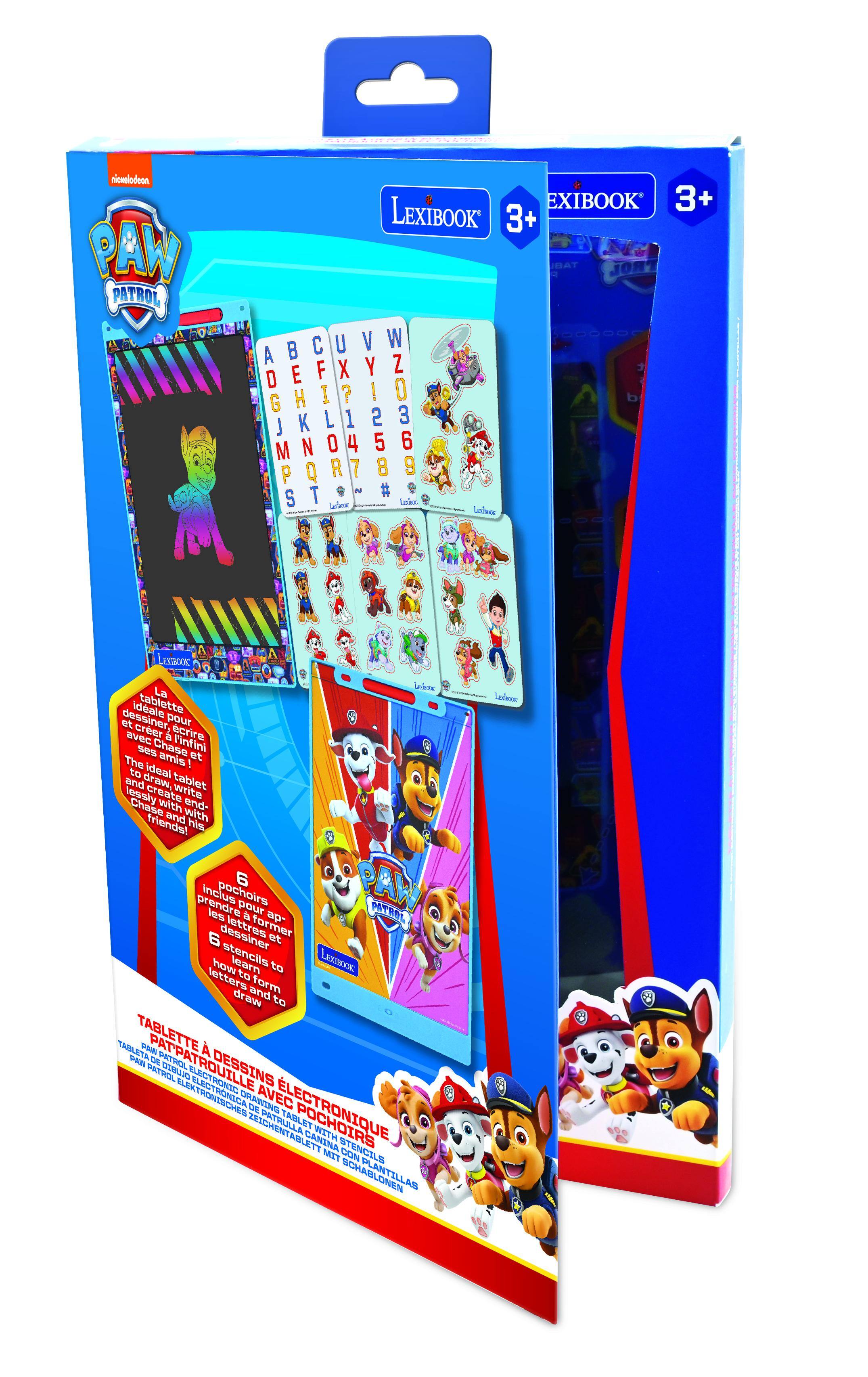 **Front of the Box:**

- **Top Left Corner:**
  - Nickelodeon PAW PATROL

- **Top Center:**
  - LEXIBOOK

- **Top Right Corner:**
  - 3+ EXIBOOK

- **Main Image:**
  - PAW PATROL characters on a tablet and cards.

- **Left Side:**
  - Alphabet cards with letters A to Z and numbers 0 to 9.

- **Bottom Left:**
  - Text in French:
    - "La tablette idéale pour dessiner, créer et écrire avec Chase et ses amis !"
    - "The ideal tablet to draw, create and write with Chase and his friends!"

- **Bottom Right:**
  - Text in French:
    - "6 pochoirs pour apprendre à dessiner et former les lettres"
    - "6 stencils to learn to draw and form letters"

- **Bottom Center:**
  - "TABLETTE À DESSINS ÉLECTRONIQUE AVEC POCHOIRS"
  - "ELECTRONIC DRAWING TABLET WITH STENCILS"

**Back of the Box:**

- **Top Left:**
  - Alphabet and number