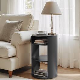 Loheer - Round Side Table 3-Tier Metal End Table with Sliding Door Cabinet Matte Nightstand for Small Spaces - Black