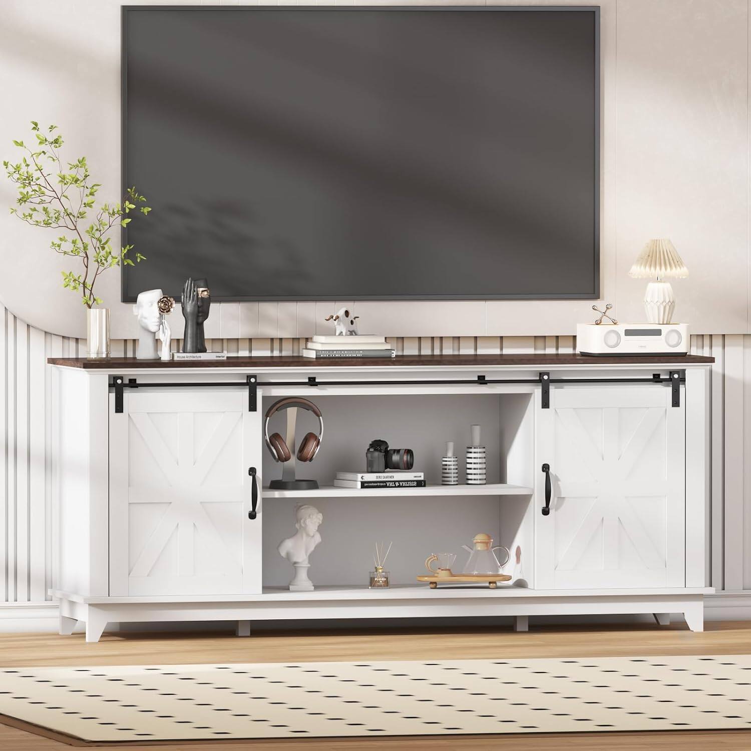 Alt View 3. GARVEE - Modern Farmhouse TV Stand, 66", Sliding Barn Doors, Storage, Power & USB, TV up to 75", Console, White - White.