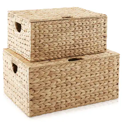 Front. Casafield - Water Hyacinth Rectangular Storage Baskets with Lids, Nesting Basket Sets - Natural - Hyacinth.