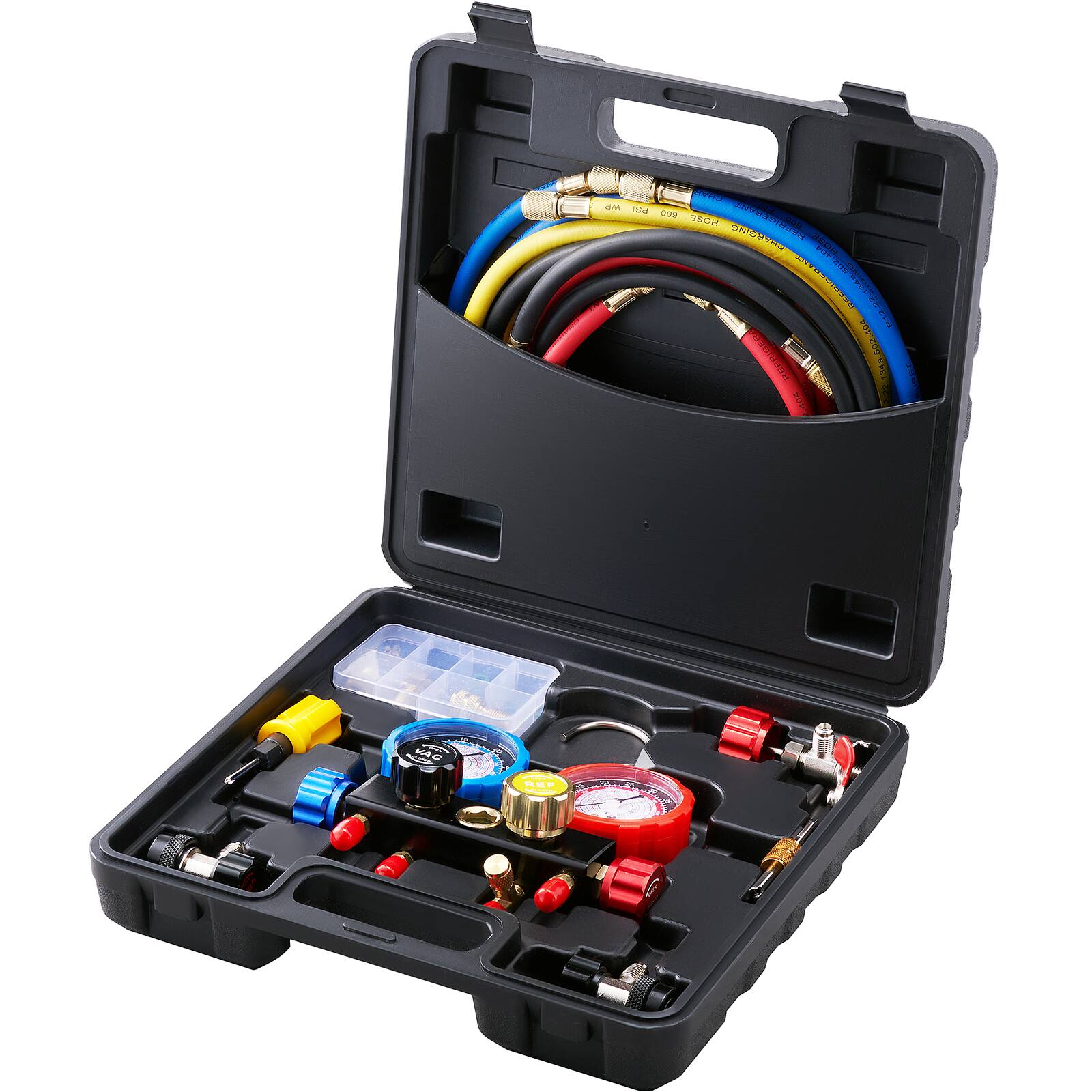 VEVOR - 4 Way AC Gauge - AC Manifold Gauge Set for R134A R22 R12 R410A Refrigerant, Freon Gauges with 5ft Hoses, Couplers - Black