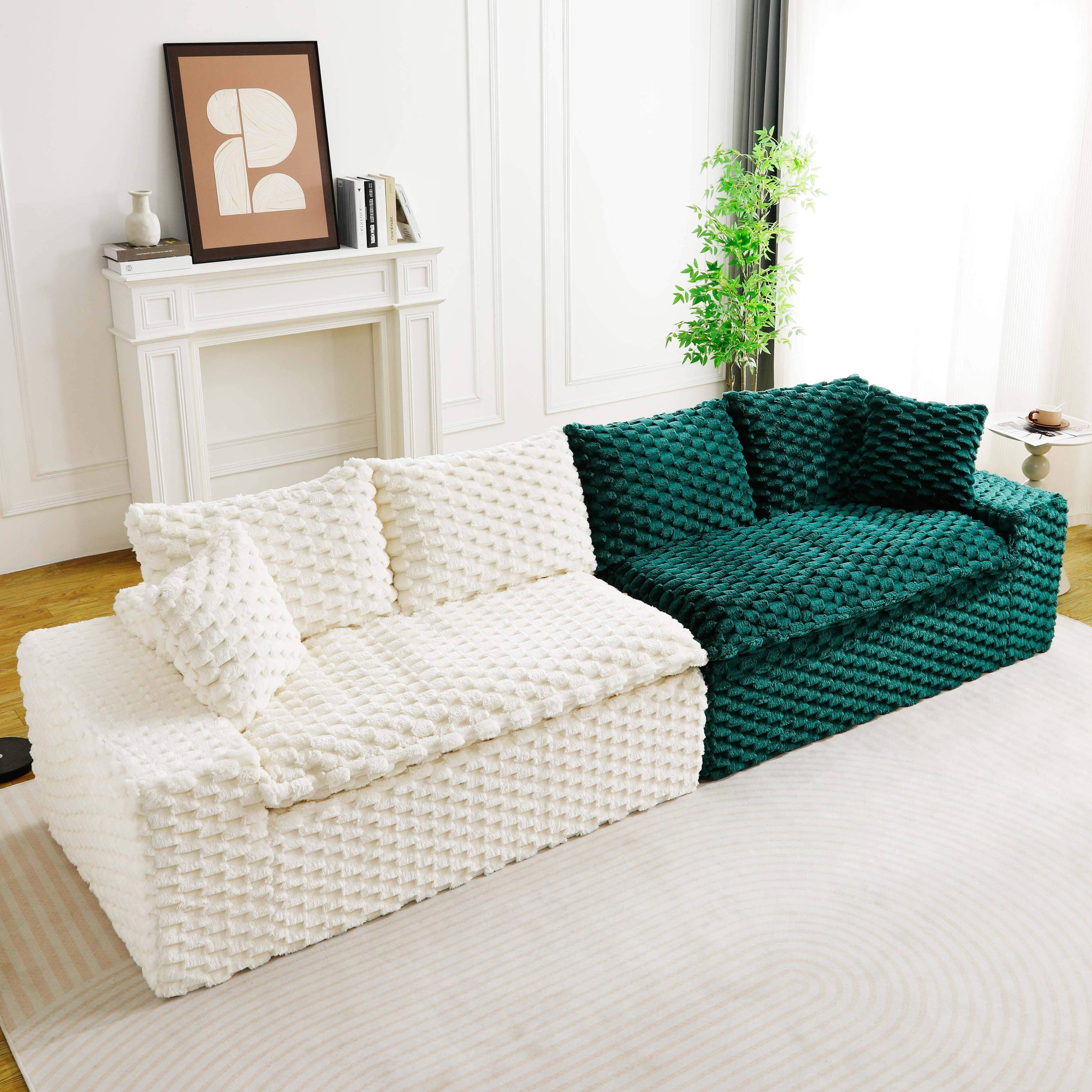Angle. Roomtec - Luxury ColorBlock Turtle Velvet Multifunctional Sofa Arrangeable in Single Row SidebySide or Facing Each Other Stylish - White+Green.