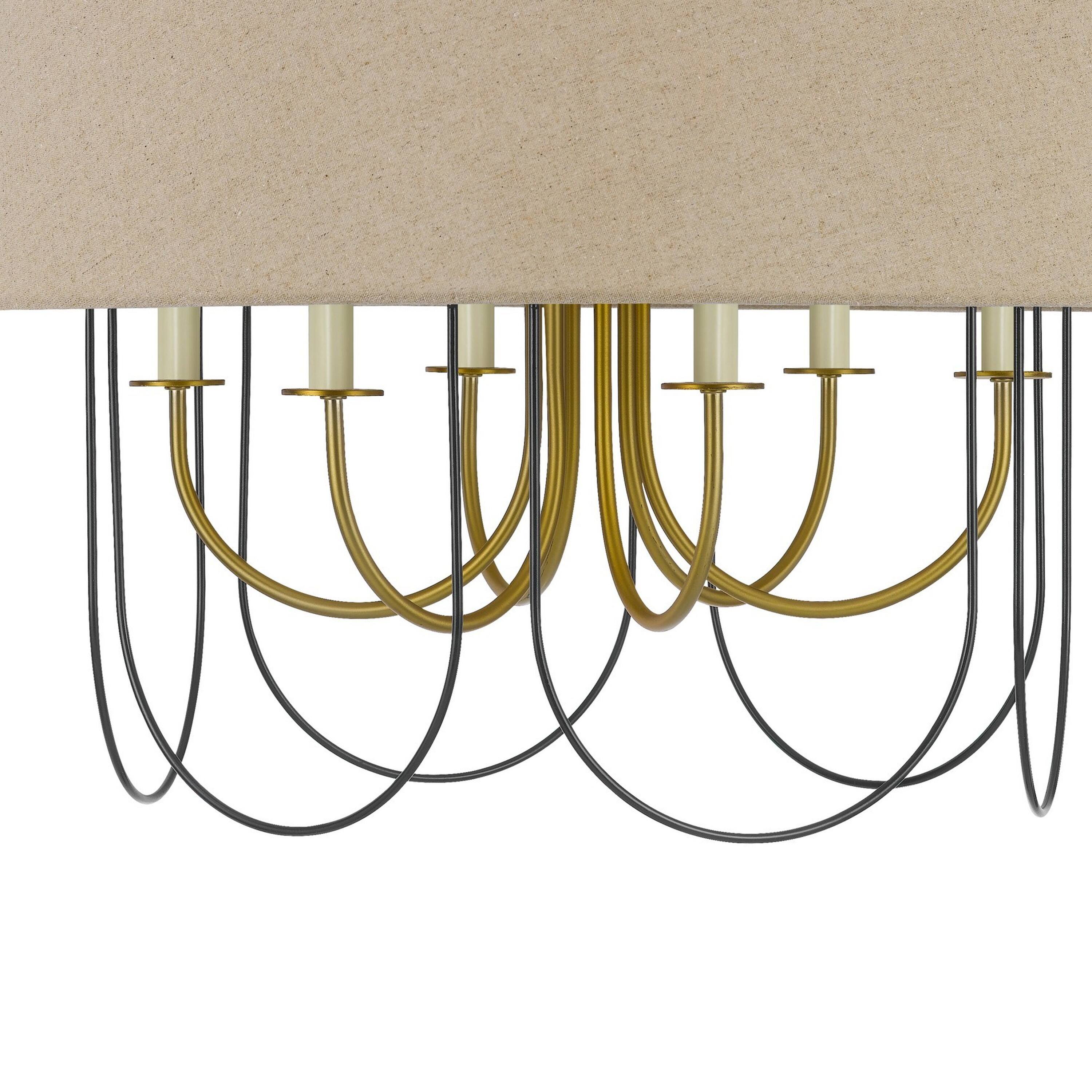Back. Manhattan Lane - Pomy 28 Inch Chandelier, Hardback Burlap Shade - Brass, Black, Beige.