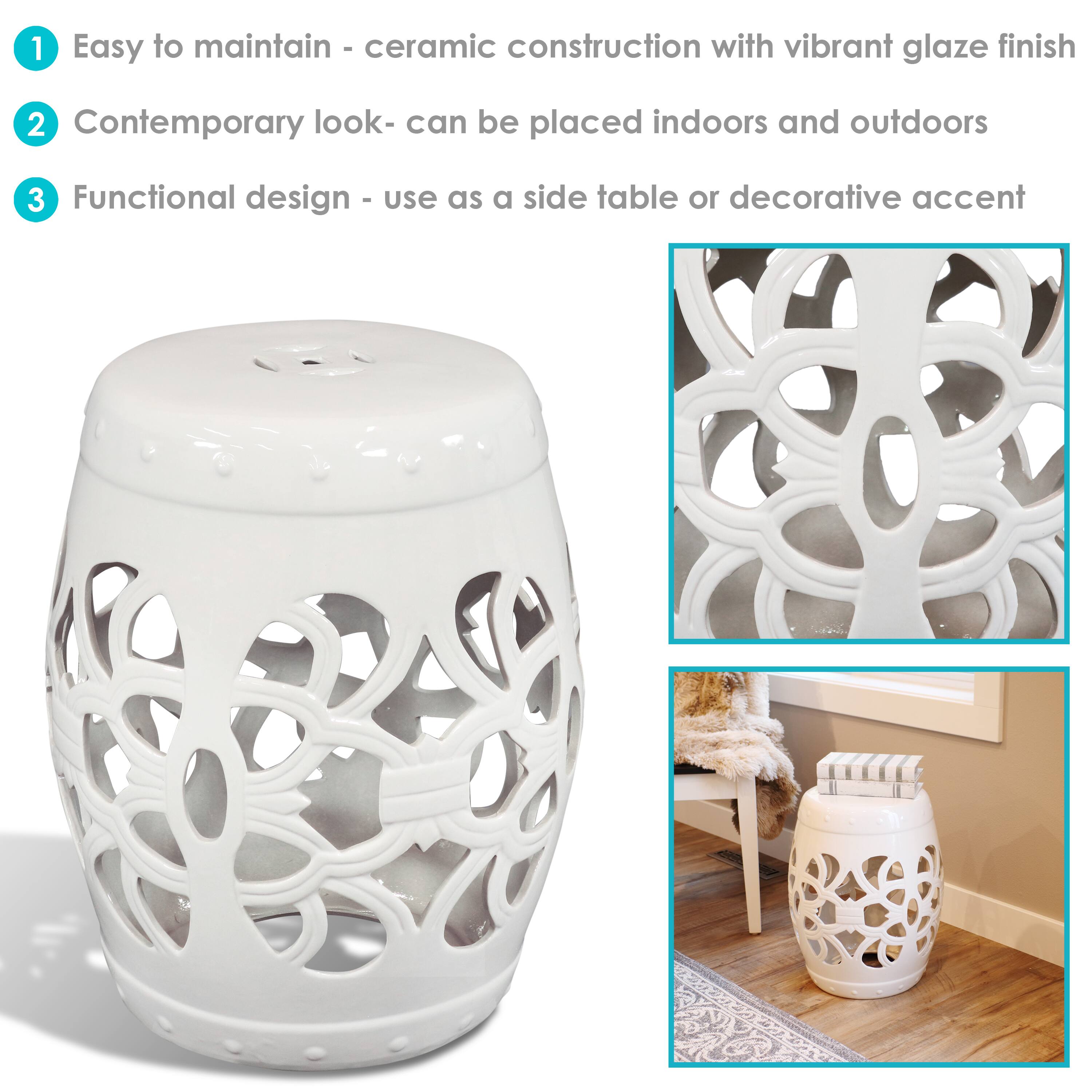 1. Easy to maintain - ceramic construction with vibrant glaze finish  
2. Contemporary look - can be placed indoors and outdoors  
3. Functional design - use as a side table or decorative accent