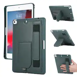 Dteck - Shockproof Case for Apple iPad mini (5th Generation) 2019 with Hand Strap and Kickstand, PU Leather TPU Protective Cover - Darkgreen