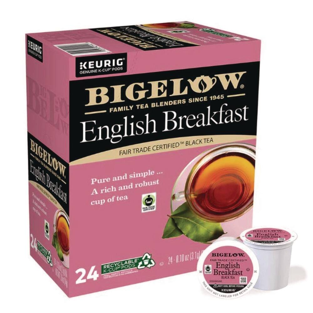 KEURIG GENUINE K-CUP PODS

BIGELOW
FAMILY TEA BLENDERS SINCE 1945

English Breakfast
FAIR TRADE CERTIFIED™ BLACK TEA

Pure and simple...
A rich and robust cup of tea

24 - 0.10 OZ (3.1g) K-CUP PODS

RECYCLABLE K-CUP PODS

FAIR TRADE CERTIFIED

BIGELOW
English Breakfast
FAIR TRADE CERTIFIED™ BLACK TEA

KEURIG