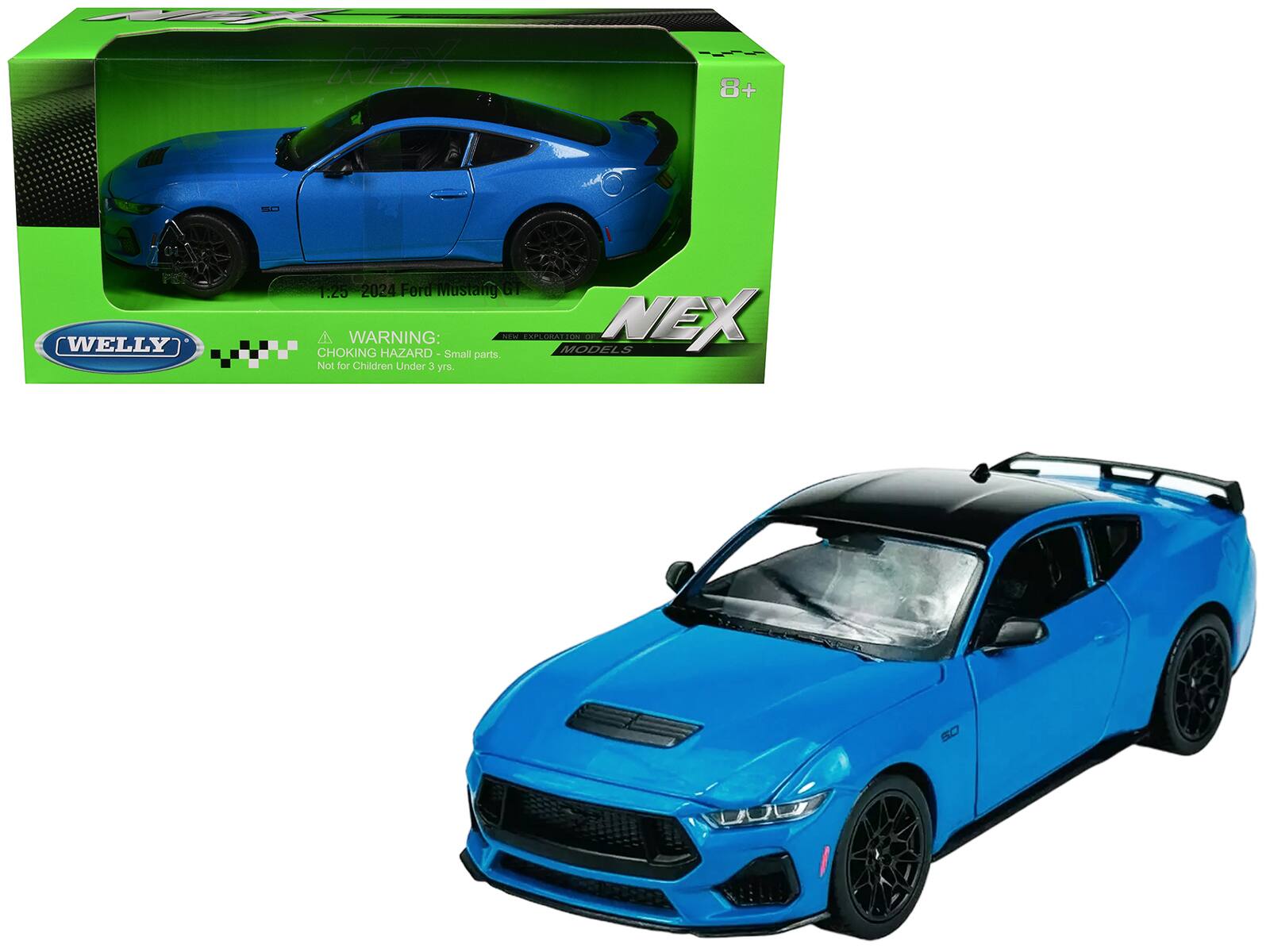 Sure, here is the corrected and grouped text from the image:

---

**WELLY**

**NEX**

**1:25 2024 Ford Mustang GT**

**WARNING: CHOKING HAZARD - Small parts. Not for Children Under 3 yrs.**

**8+**

**NEW EXPLOSION OF MODELS**

---