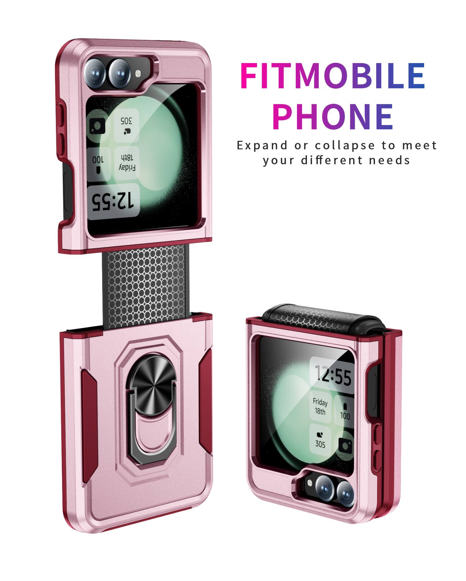 100 305  
18th Friday  
FITMOBILE PHONE  
Expand or collapse to meet your different needs  
12:55  
12:55  
Friday 18th  
100 305
