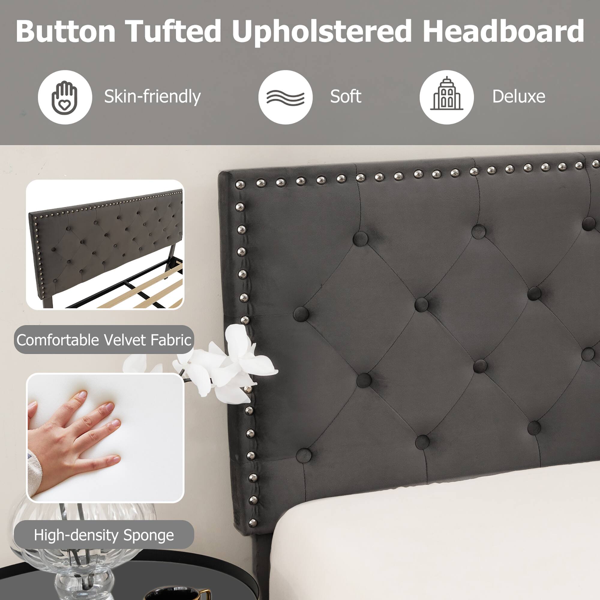 Button Tufted Upholstered Headboard, Skin-friendly, Soft, Deluxe, Comfortable Velvet Fabric, High-density Sponge