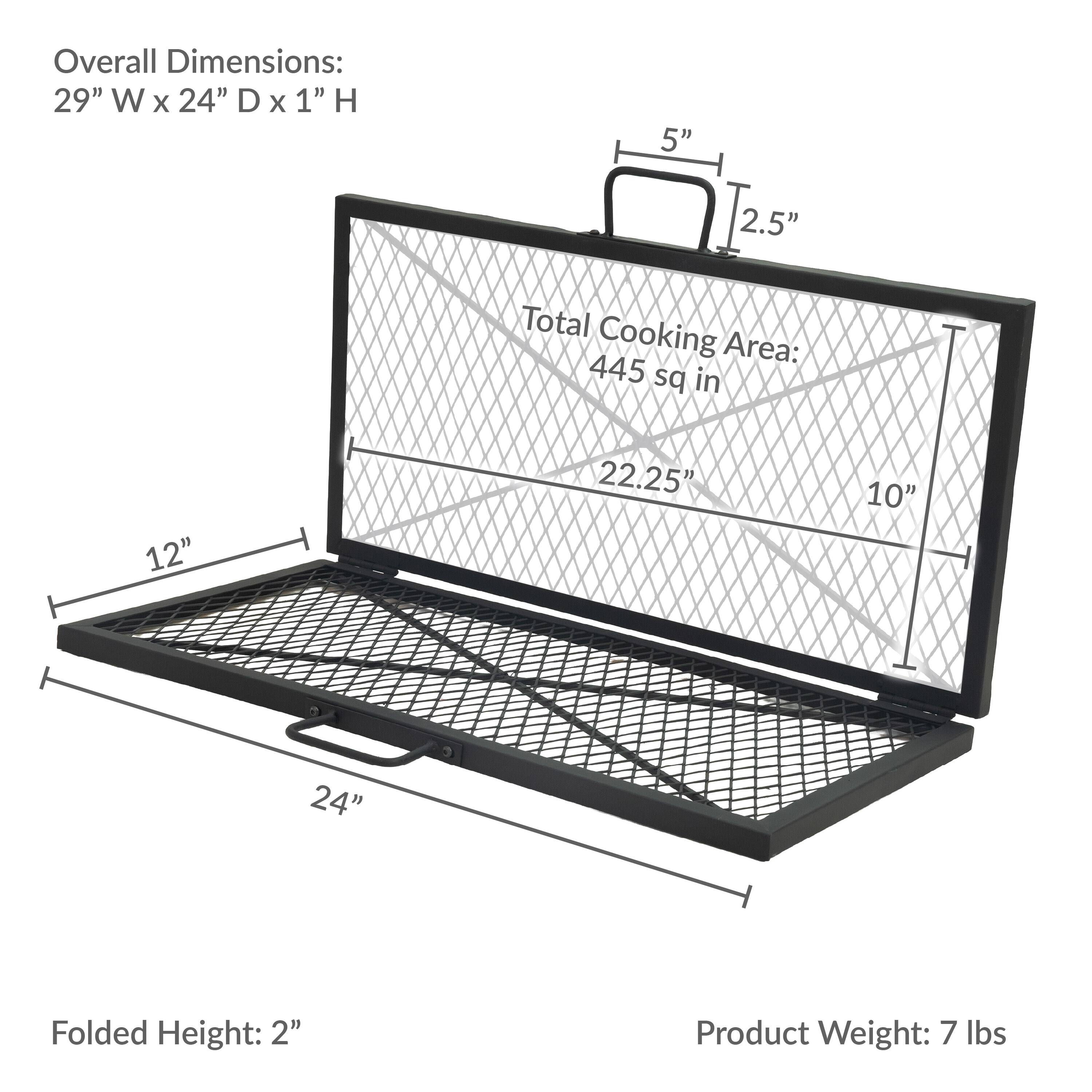 Overall Dimensions: 29" W x 24" D x 1" H  
Total Cooking Area: 445 sq in  
Folded Height: 2"  
Product Weight: 7 lbs