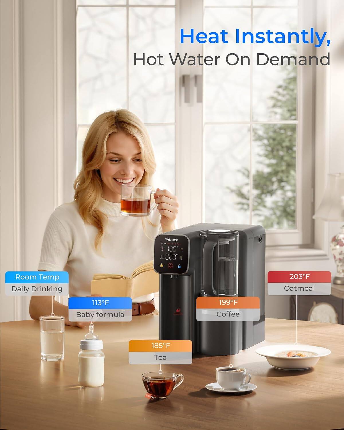 Heat Instantly, Hot Water On Demand

Watendrop 185 020

Room Temp Daily Drinking
113F Baby formula
185F Tea
199F Coffee
203F Oatmeal