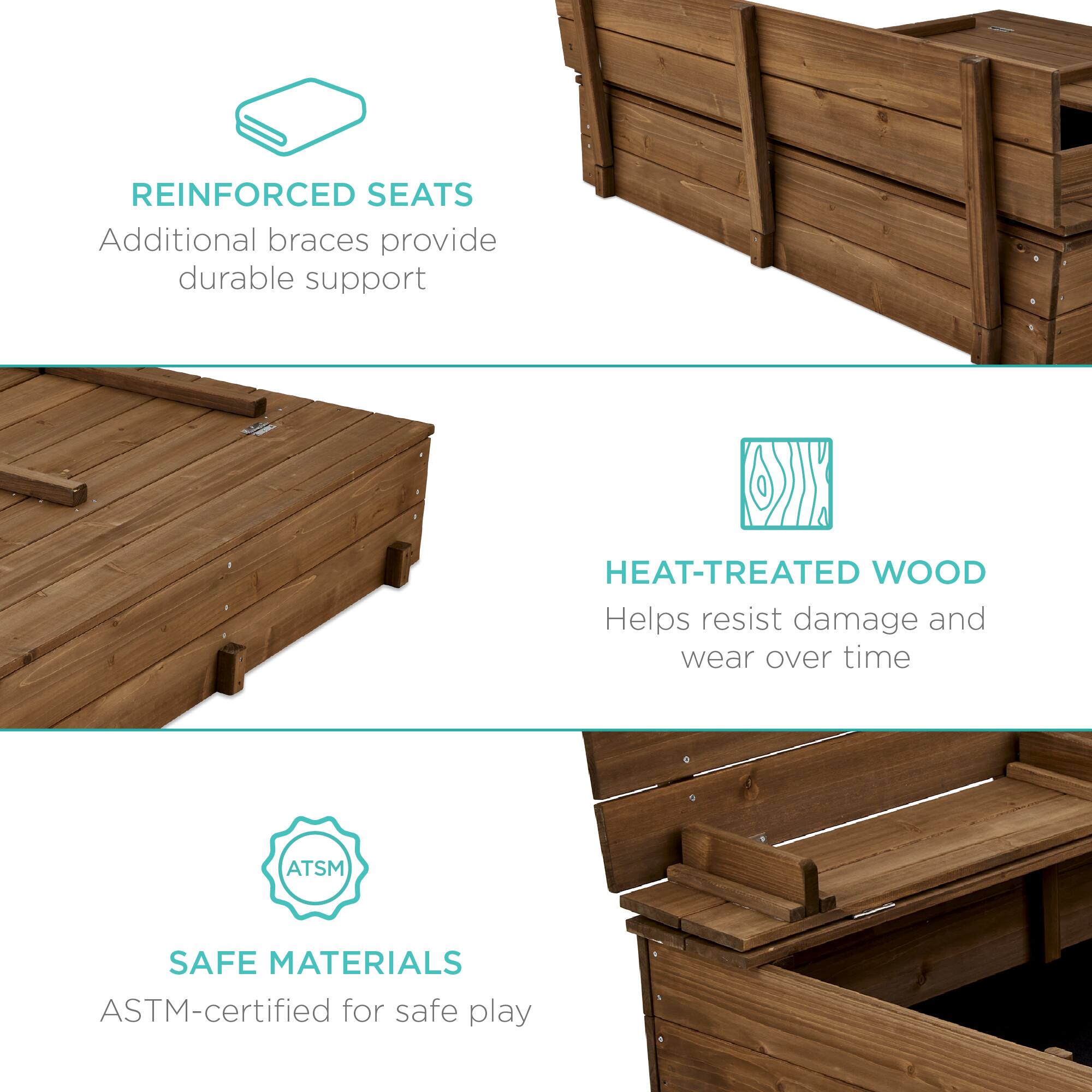 REINFORCED SEATS: Additional braces provide durable support.

HEAT-TREATED WOOD: Helps resist damage and wear over time.

SAFE MATERIALS: ASTM-certified for safe play.