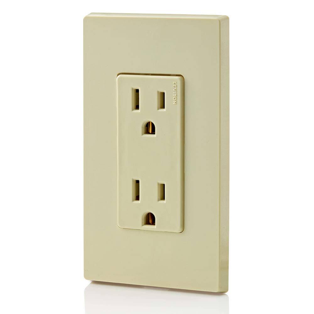 Back. Leviton - 5325-I 15 Amp 125 Volt Decora Duplex Residential Grade Grounding Receptacle - Ivory.