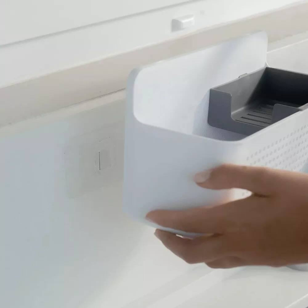 Alt View 1. OU - Hanging Sink Organizer, Self‑Adhesive Caddy with Removable Sponge Tray for Kitchen Storage - White.