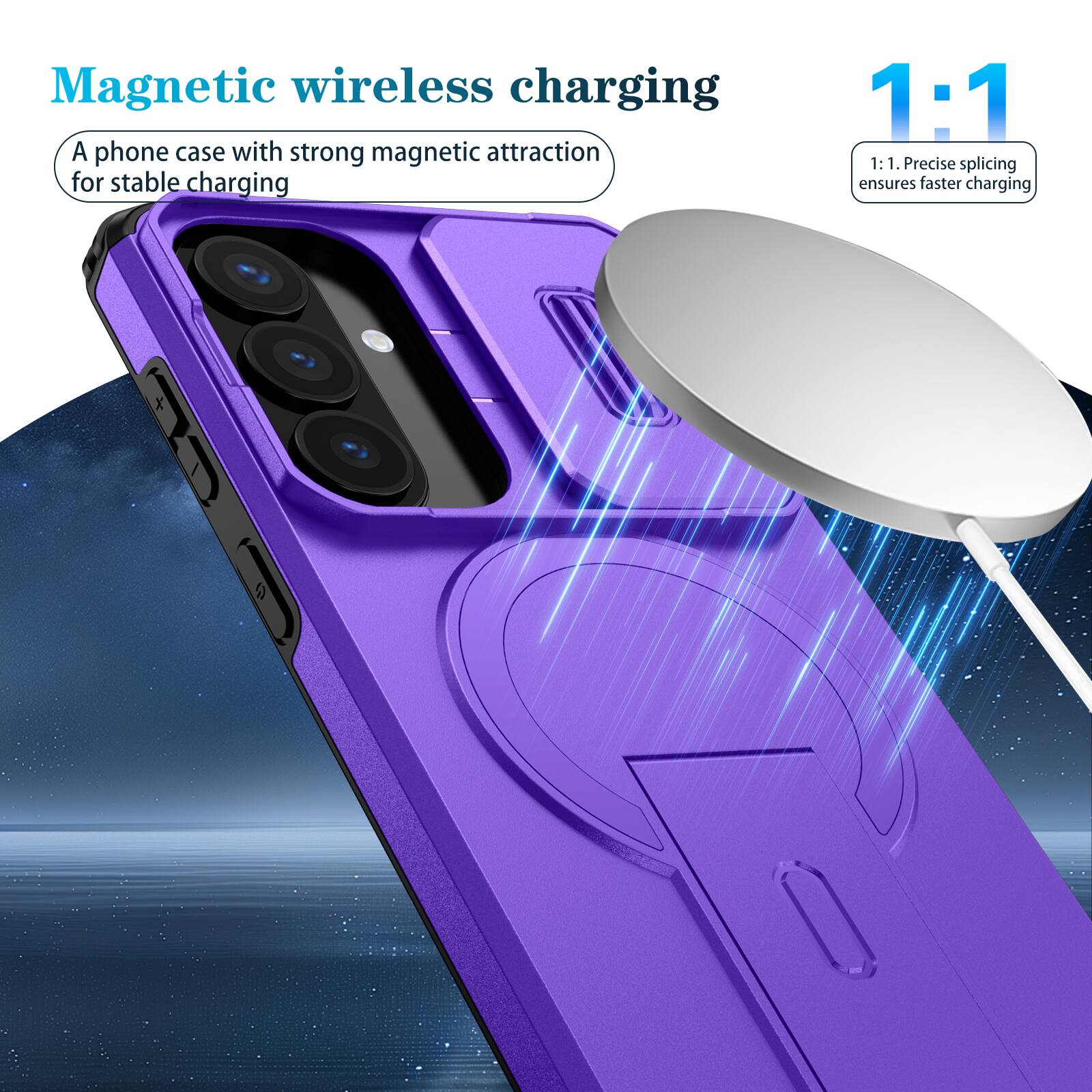 Magnetic wireless charging

A phone case with strong magnetic attraction for stable charging

1:1

1:1. Precise splicing ensures faster charging