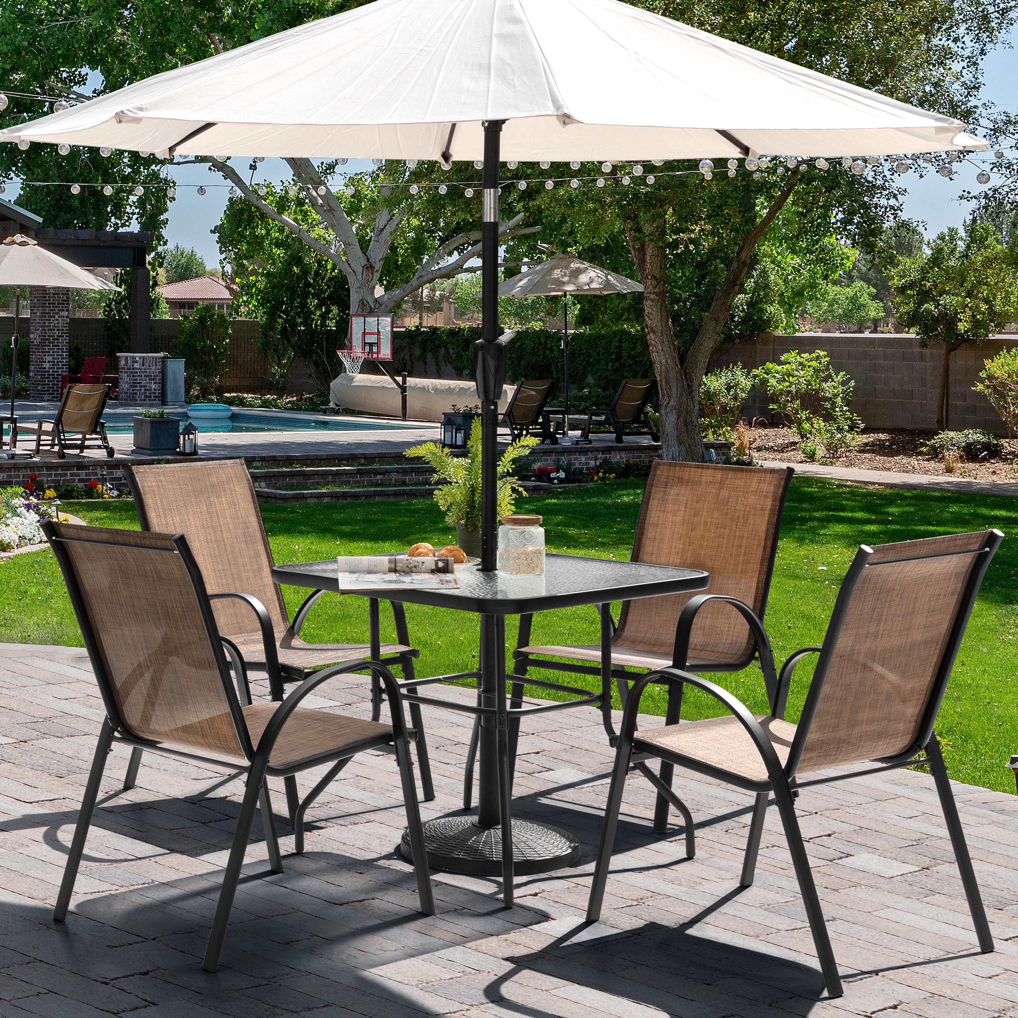 Left. Nuu Garden - 5-Piece Metal and Textilene Square Outdoor Dining Set, 4 Stackable Chairs and Tempered Glass Table with Umbrella Hole - Brown and Transparent.