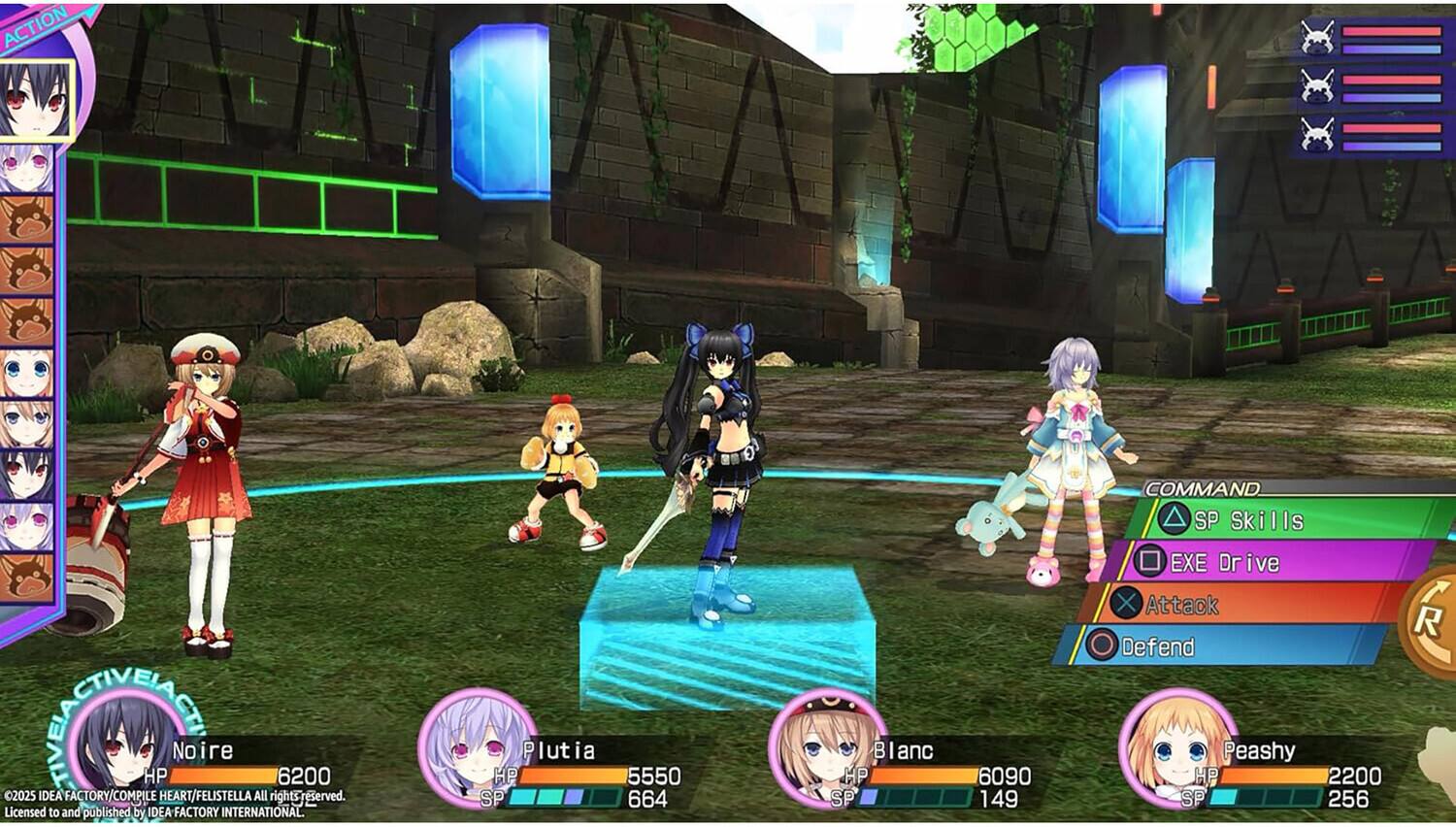 **ACTION**

**ACTIVE CHARACTERS**
- Noire 6200
- Plutia 5550
- Blanc 6090
- Peashy 2200

**COMMAND**
- △ SP Skills
- O EXE Drive
- X Attack
- O Defend

**R**

**2025 IDEA FACTORY/COMPILE HEART/FELISTELLA All rights reserved. Licensed to and published by IDEA FACTORY INTERNATIONAL**