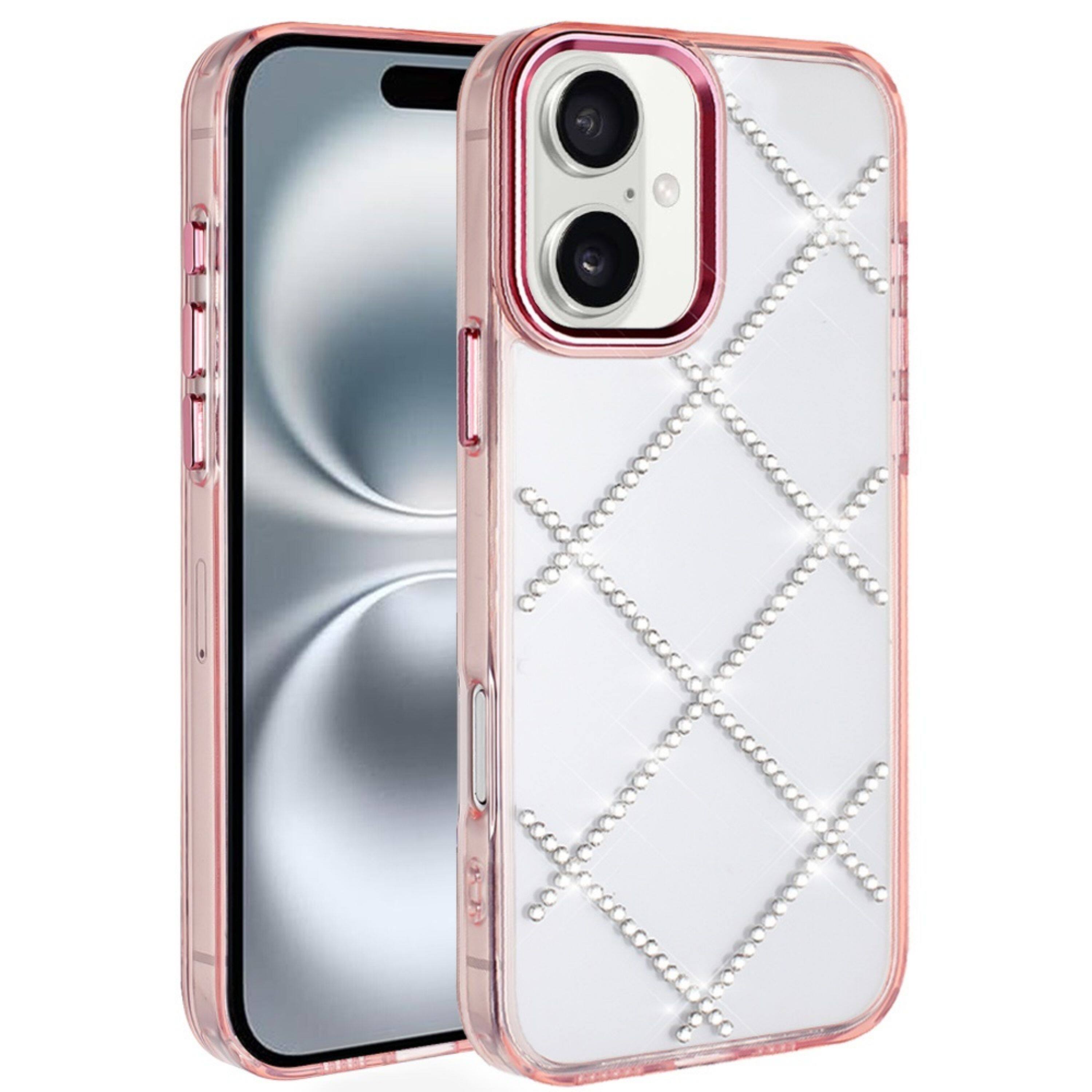 Front. Kitcheniva - Gem Bling Diamond Pattern Case With Tempered Glass For iPhone 16 Rose Gold - Rose Gold.