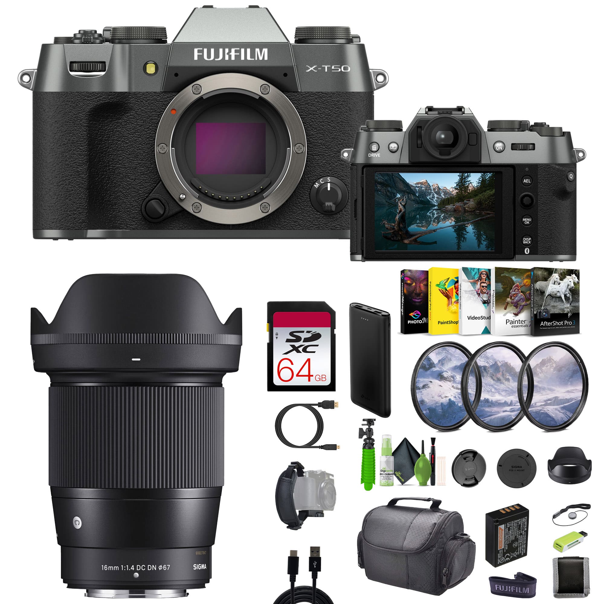 Fujifilm - X-T50 Mirrorless Camera + Sigma 16mm Contemporary Lens + Accessories - Charcoal
