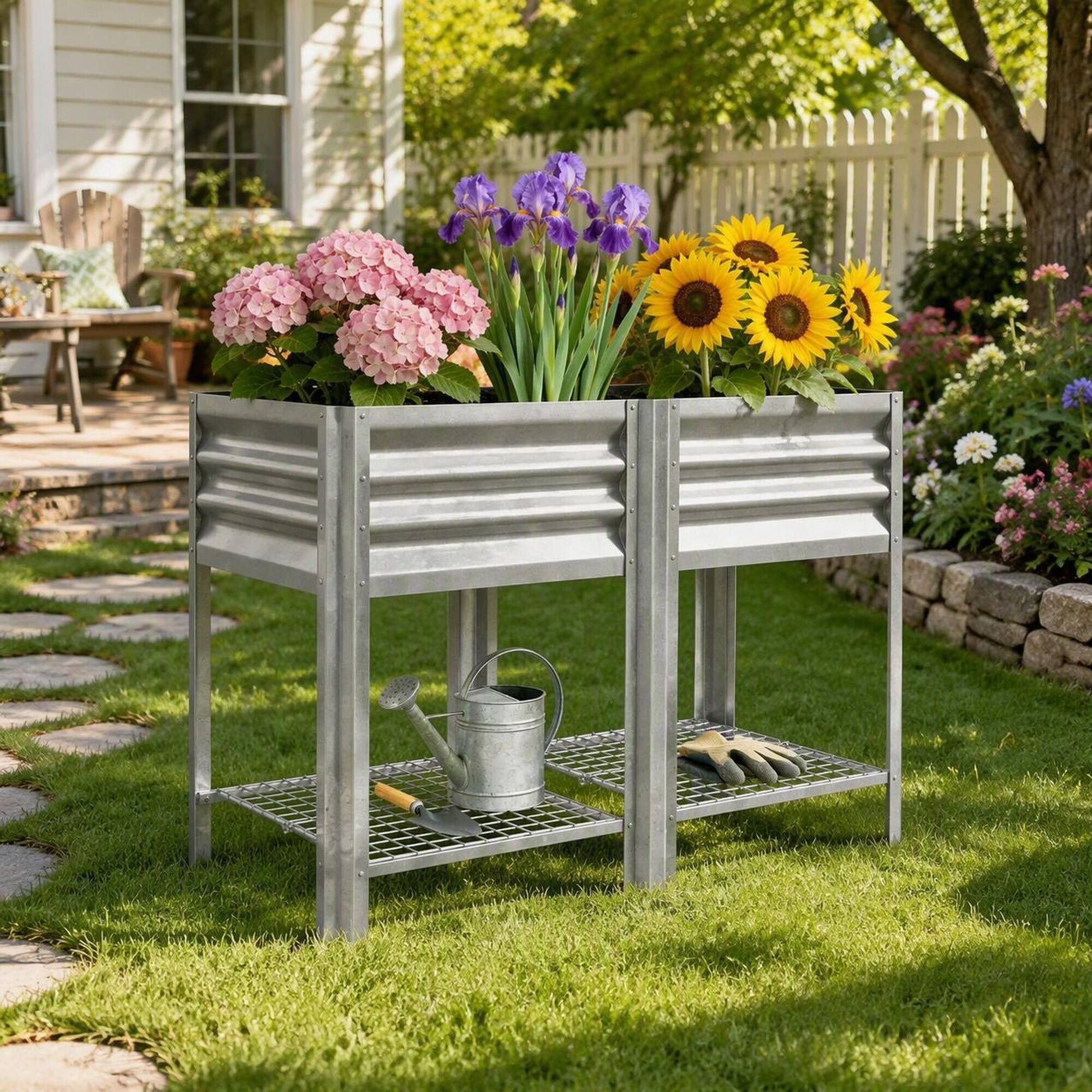 Alt View 2. RYHNUYNE - Raised Garden Bed Planter Box with Legs, 39.6 Gallon Outdoor Elevated Steel Planter for Patio, Yard, or Balcony - Silver.