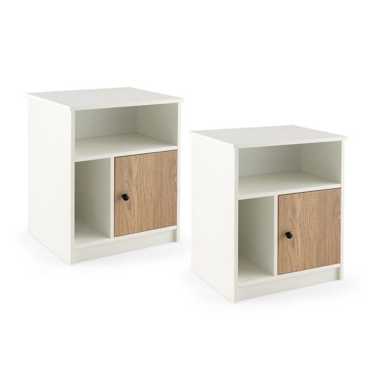 SlickBlue - 2-Piece Tall Bedside Tables with Door and Open Shelves – Modern Wooden Nightstands for Bedroom Storage - White