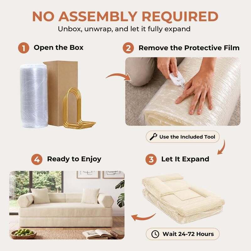 NO ASSEMBLY REQUIRED  
Unbox, unwrap, and let it fully expand

1. Open the Box
2. Remove the Protective Film
3. Let It Expand
4. Ready to Enjoy

Use the Included Tool  
Wait 24-72 Hours