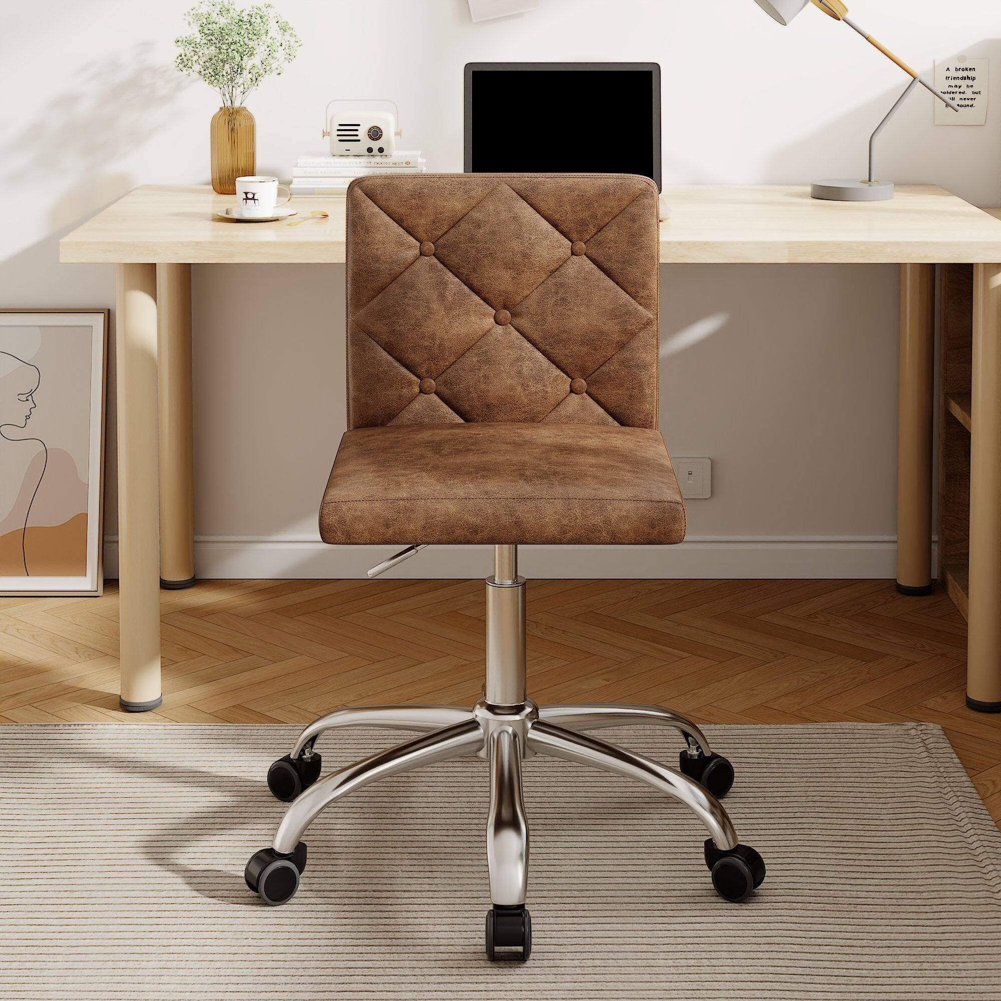 Back. Vecelo - Brown PU Leather Armless Office Chair - 28-32 Inch Adjustable Height Task Chair, Ergonomic Computer Chair with Wheels - Dark Brown.