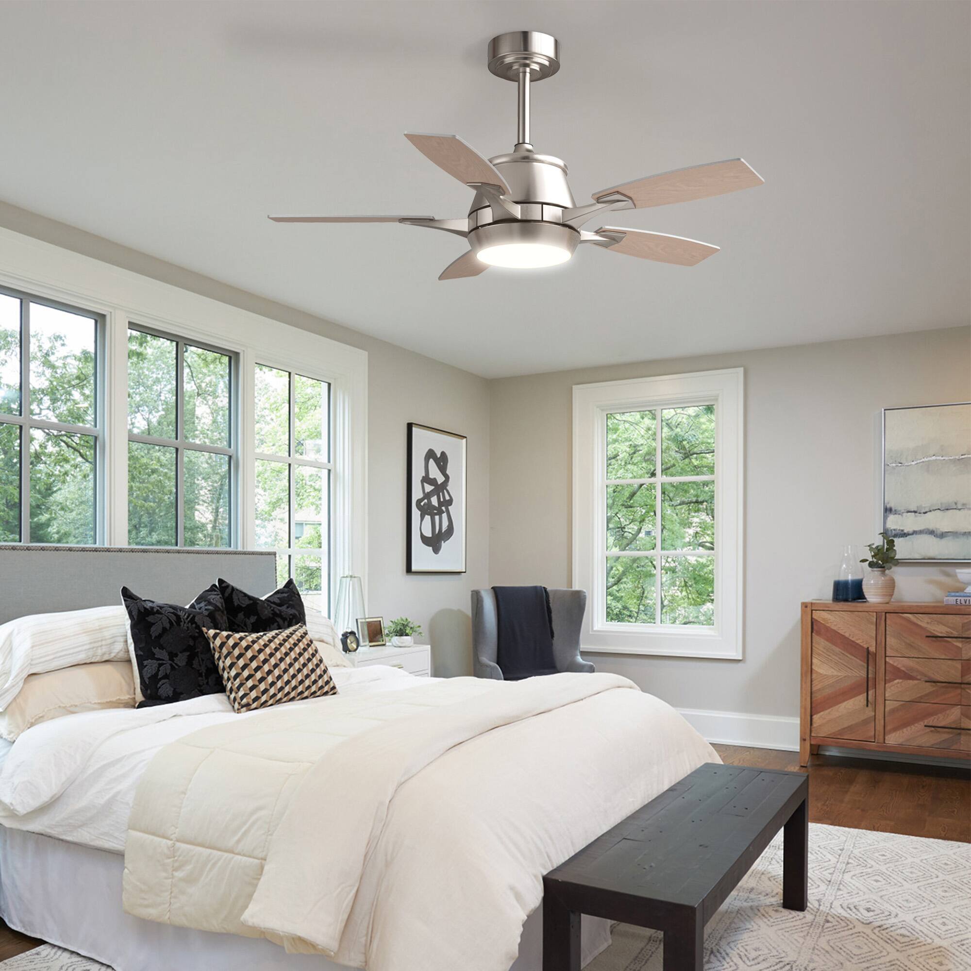 Angle. Siljoy - 42" Modern Low Profile Ceiling Fan with Light and APP/Remote,DC Reversible Motor, Dimmable LED for Bedroom/Living Room - Nickel.