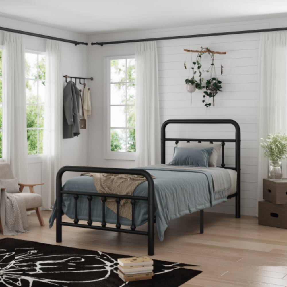 Angle. LUCKY ONE - Queen Size Platform Bed Frame with High Headboard, Heavy Duty Metal Slats, No Box Spring Needed, Under-Bed Storage - Black.