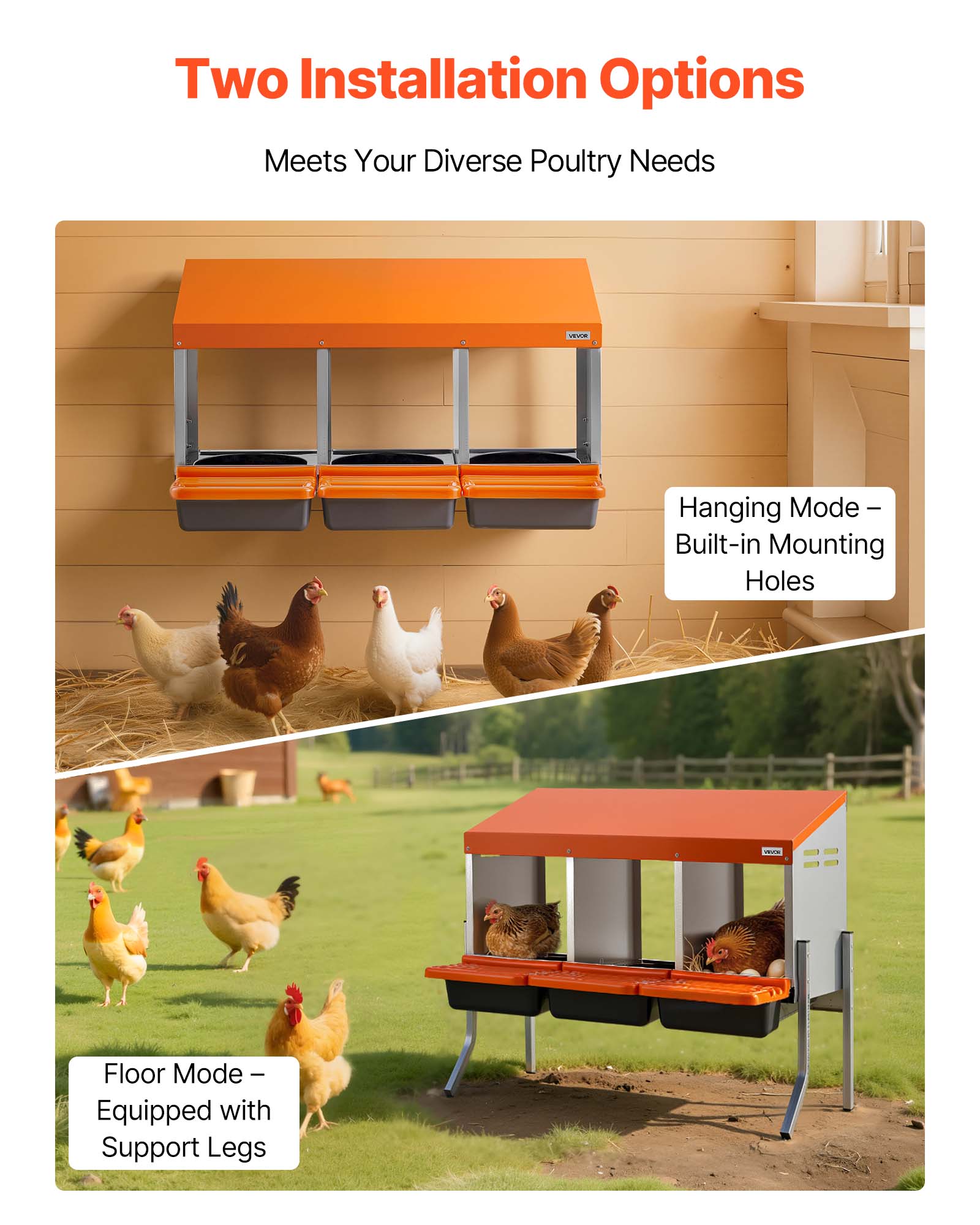 Two Installation Options  
Meets Your Diverse Poultry Needs  

- Hanging Mode  
  - Built-in Mounting Holes  

- Floor Mode  
  - Equipped with Support Legs