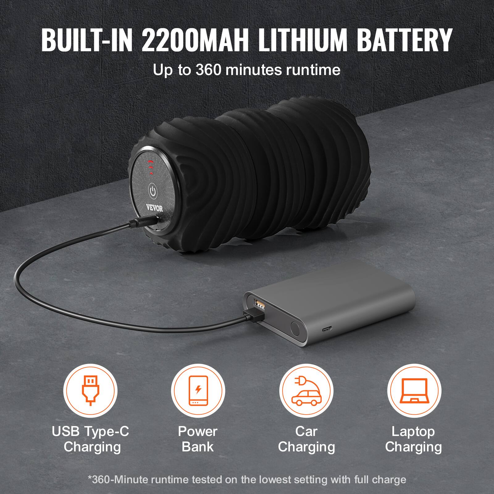 BUILT-IN 2200MAH LITHIUM BATTERY  
Up to 360 minutes runtime  

USB Type-C Charging  
Power Bank  
Car Charging  
Laptop Charging  

*360-Minute runtime tested on the lowest setting with full charge