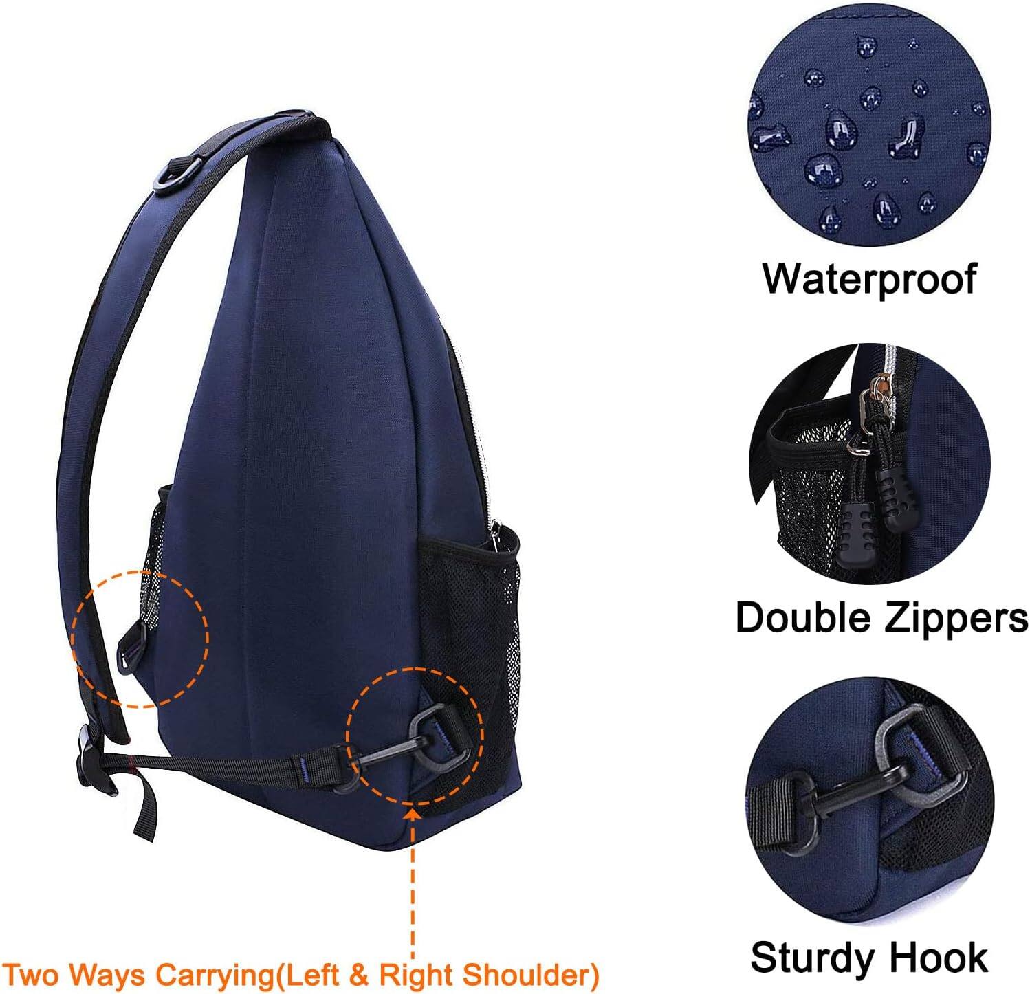 Waterproof  
Double Zippers  
Two Ways Carrying (Left & Right Shoulder)  
Sturdy Hook