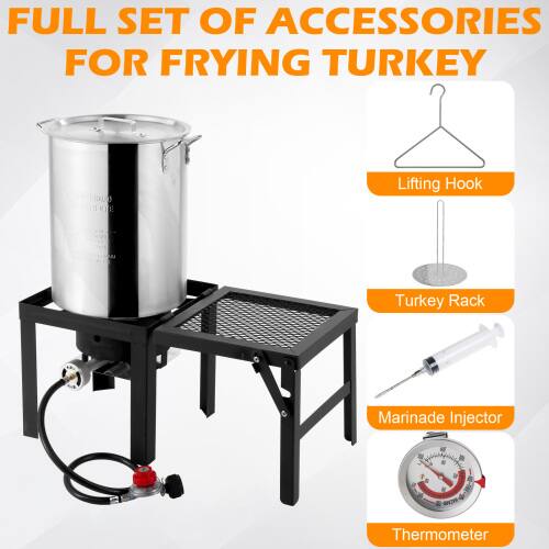 FULL SET OF ACCESSORIES FOR FRYING TURKEY

- Lifting Hook
- Turkey Rack
- Marinade Injector
- Thermometer