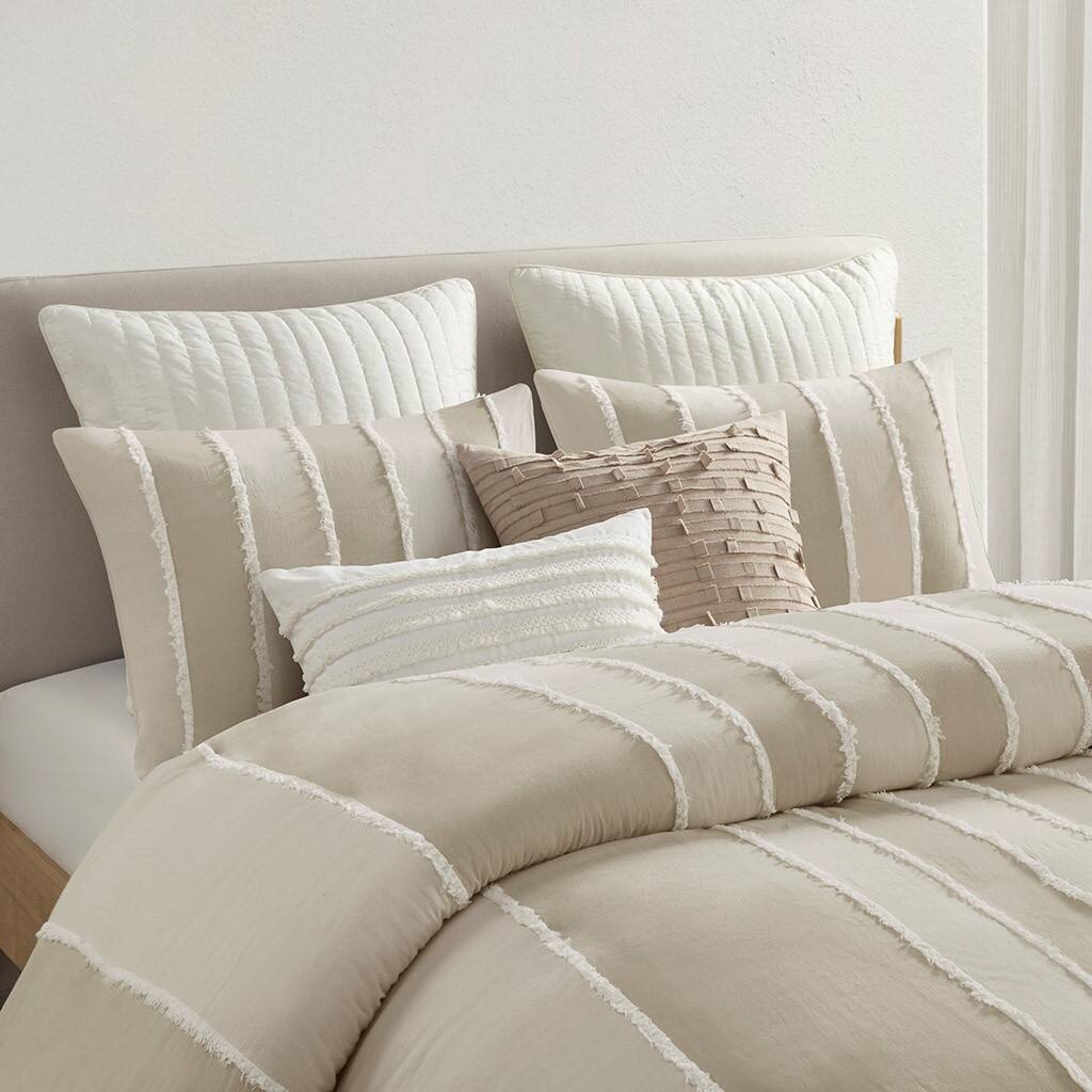 Alt View 1. Gracie Mills - Gracie Mills Ara 3 Piece Striped Cotton Duvet Cover Set - Taupe.