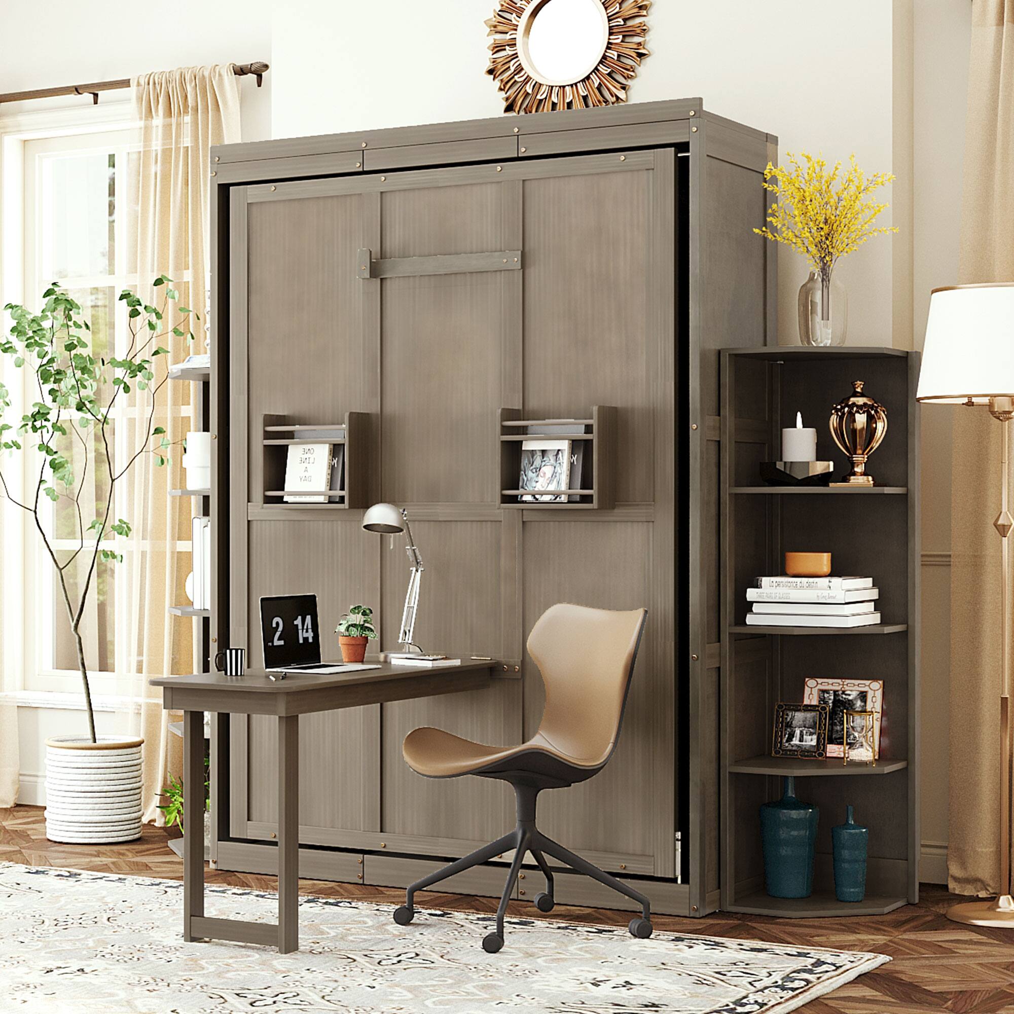 Left. Anysun - Rotating Queen Murphy Bed - Hidden Wall Cabinet, 3-Tier Shelves, Convertible Desk, Space-Saving System for Home Office - Gray.