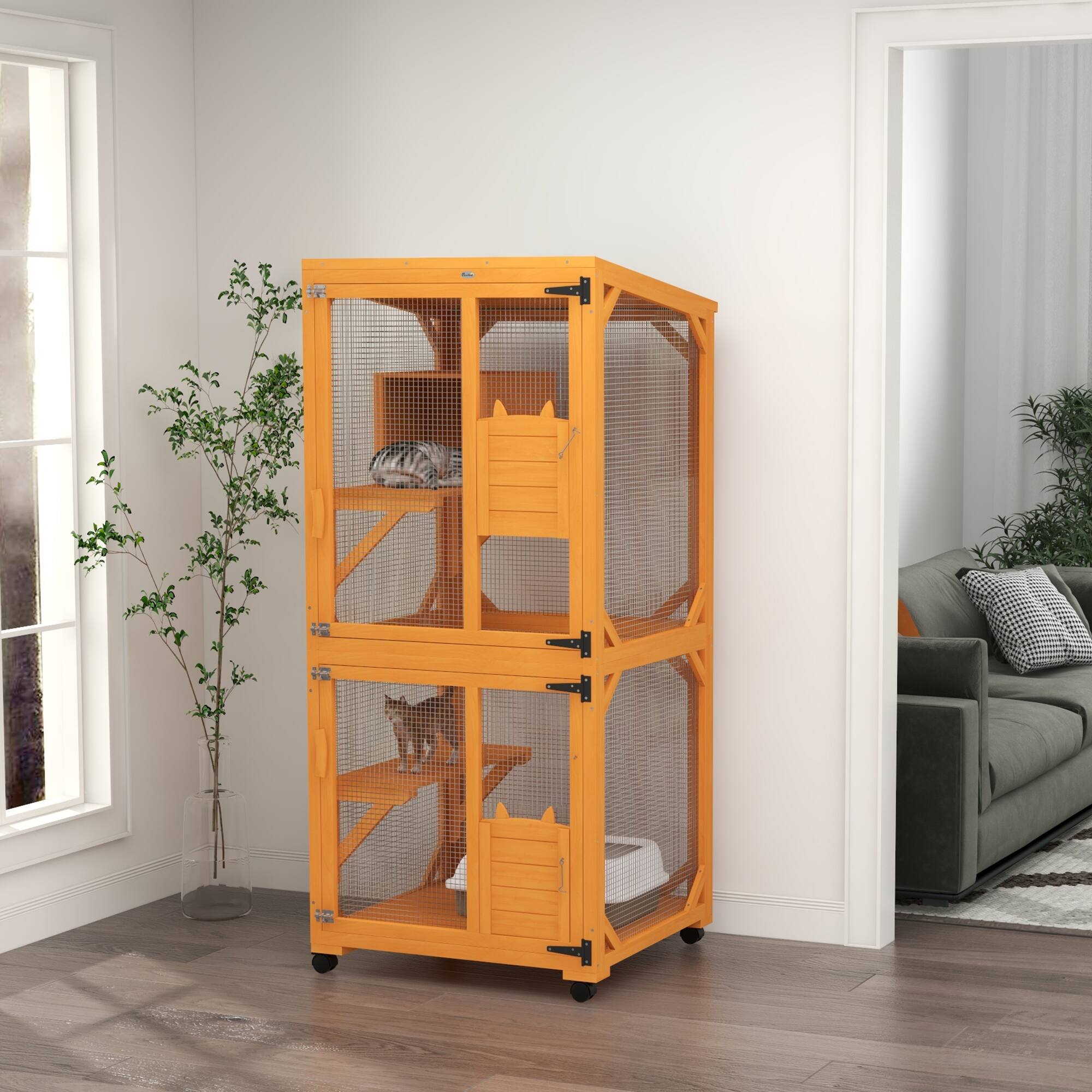 Alt View 1. Pawhut - Cat House for 1-3 Cats on Wheels Wooden Catio Enclosure.