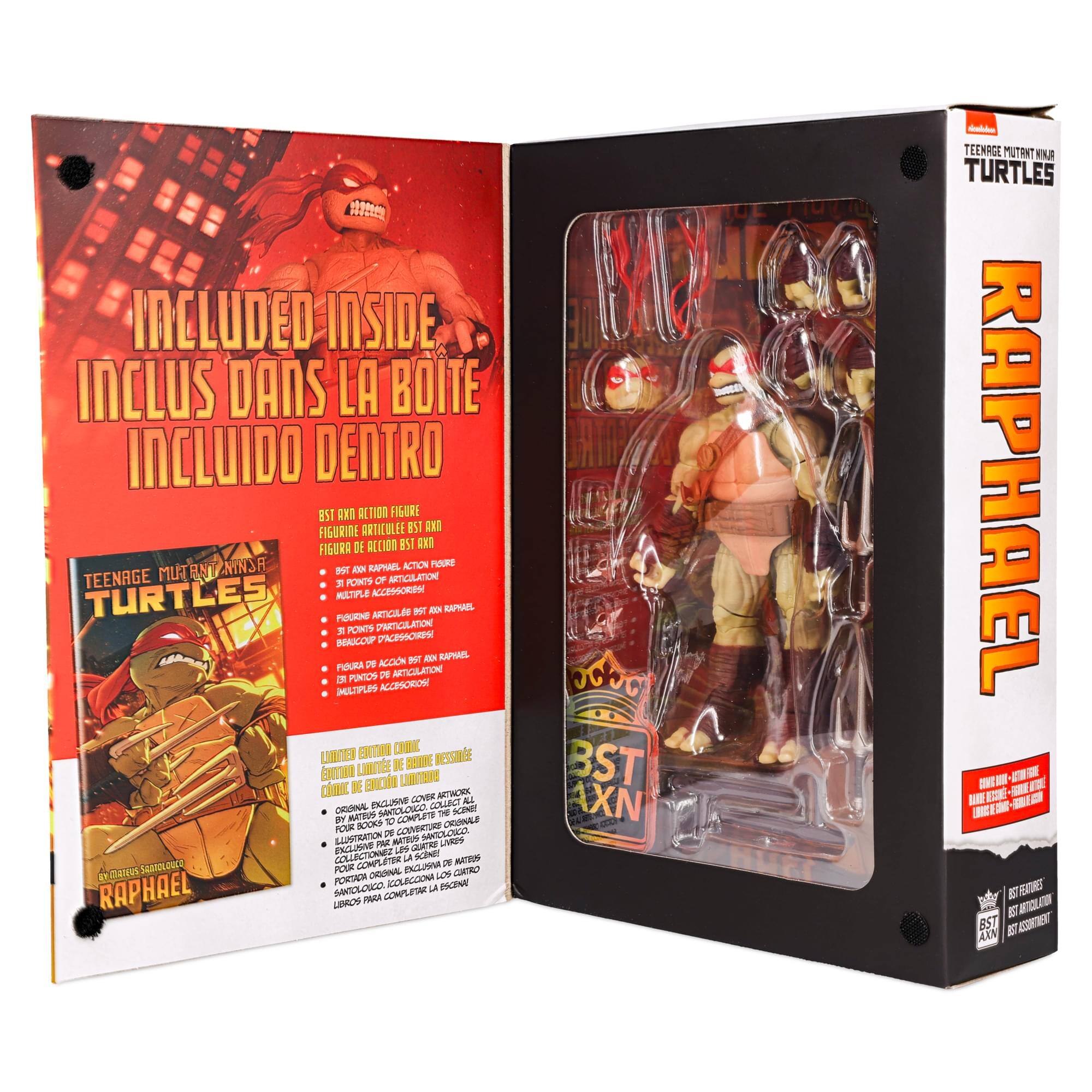 INCLUDED INSIDE  
INCLUS DANS LA BOITE  
INCLUIDO DENTRO  

BST AN ACTION FIGURE  
FIGURINE ARTICULEE BST AN  
FIGURA DE ACCION  
FIGURA ARTICULADA BST AN  

31 POINTS OF ARTICULATION  
31 PUNTOS DE ARTICULACION  
31 POINTS DE ARTICULATION  
31 PONTOS DE ARTICULAÇÃO  

MULTIPLE ACCESSORIES  
ACCESSOIRE MULTIPLE  
ACCESORIOS MÚLTIPLES  
MÚLTIPLES ACCESORIOS  

LIMITED EDITION COMIC  
EDITION LIMITEE DE COMICS  
EDICION LIMITADA DE COMICS  
EDICION LIMITADA DE COMICS  

ORIGINAL COVER ARTWORK  
ORIGINAL COVER ARTWORK  
ORIGINAL COVER ARTWORK  
ORIGINAL COVER ARTWORK  

TEENAGE MUTANT NINJA TURTLES  
RAPHAEL  

BST AXN