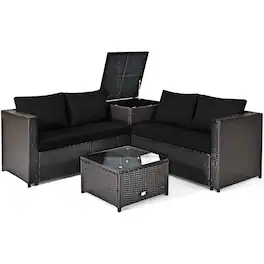 Costway - 4 PCS Outdoor Patio Rattan Furniture Set Cushioned Loveseat Storage Table - Black