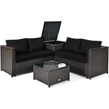 Front. Costway - 4 PCS Outdoor Patio Rattan Furniture Set Cushioned Loveseat Storage Table - Black.
