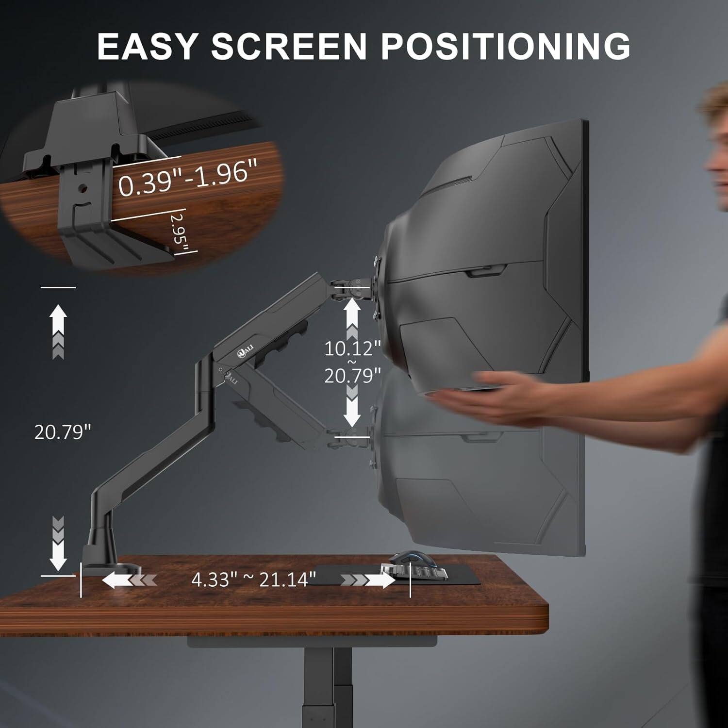EASY SCREEN POSITIONING

0.39"-1.96"  
2.95"  
10.12"  
20.79"  
20.79"  
4.33"  
21.14"