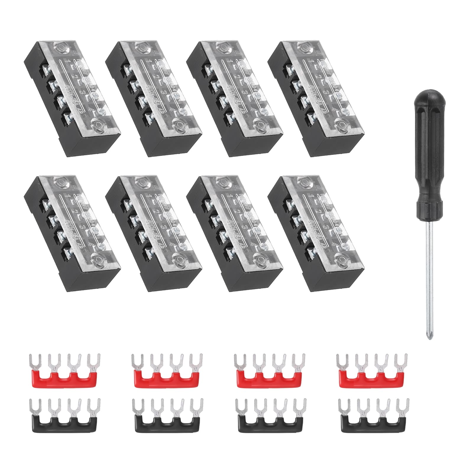 Unique Bargains - Screw Terminal Block 4 Positions, Dual Row, 600V 25A, with Screwdriver & Terminals, 8 Sets - Black