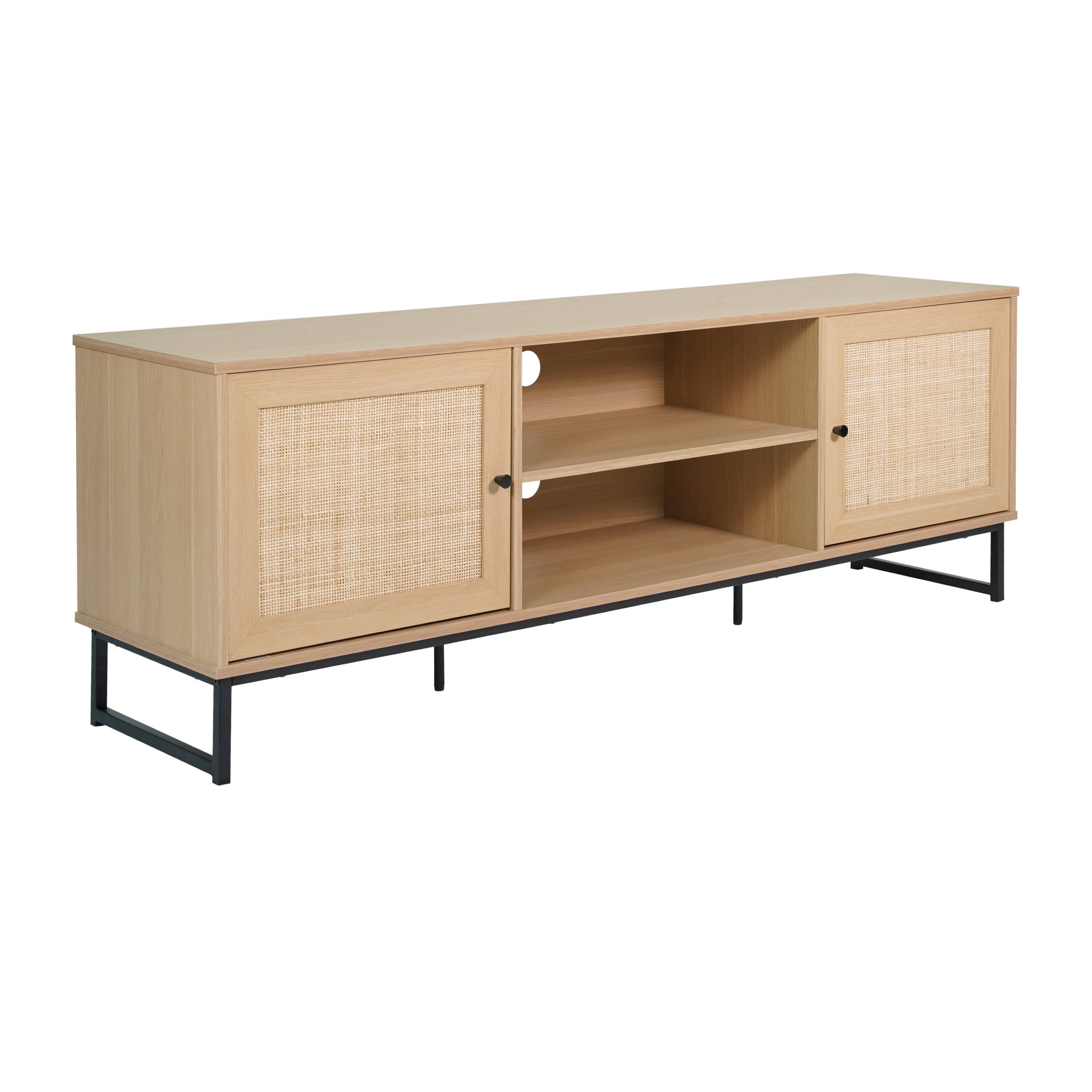 Front. Flash Furniture - Malaki Mid-Century Modern 65 Inch TV Stand with 2 Rattan Soft Close Doors and Fixed Center Shelf, TV Stand for up to 70" - Brown.