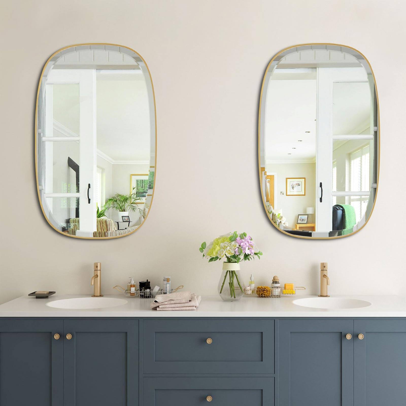 Left. Empire DigiLabs - Brushed Mirror Brass Beveled Mirrors For Bathroom Rounded Rectangle Modern Vanity Wall In Stainless Steel F - Black Arch 38"L x 24"W.