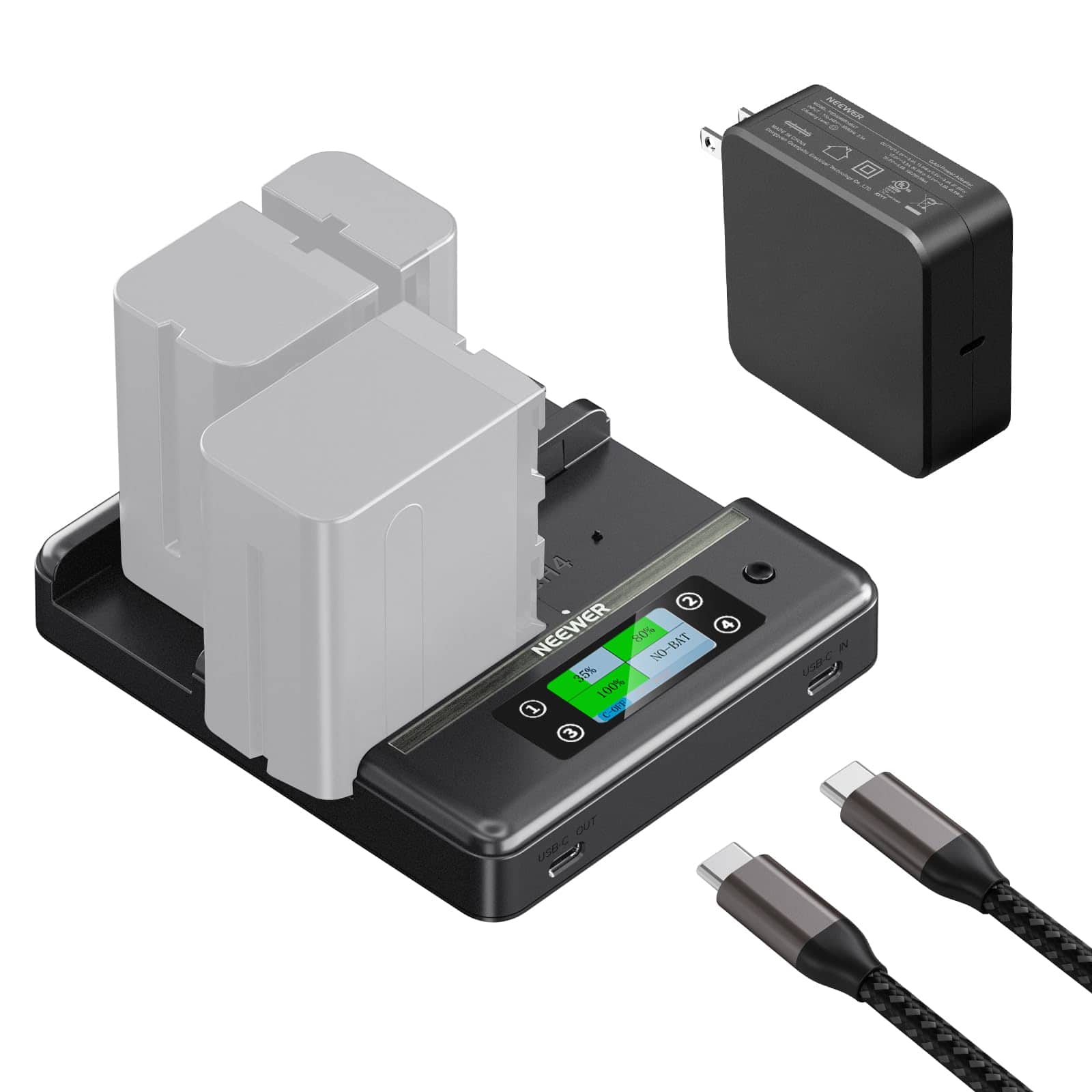 Neewer - 4-Channel NP-F Series Charger, PD100W Fast, OLED Display, NW-F4R - Black