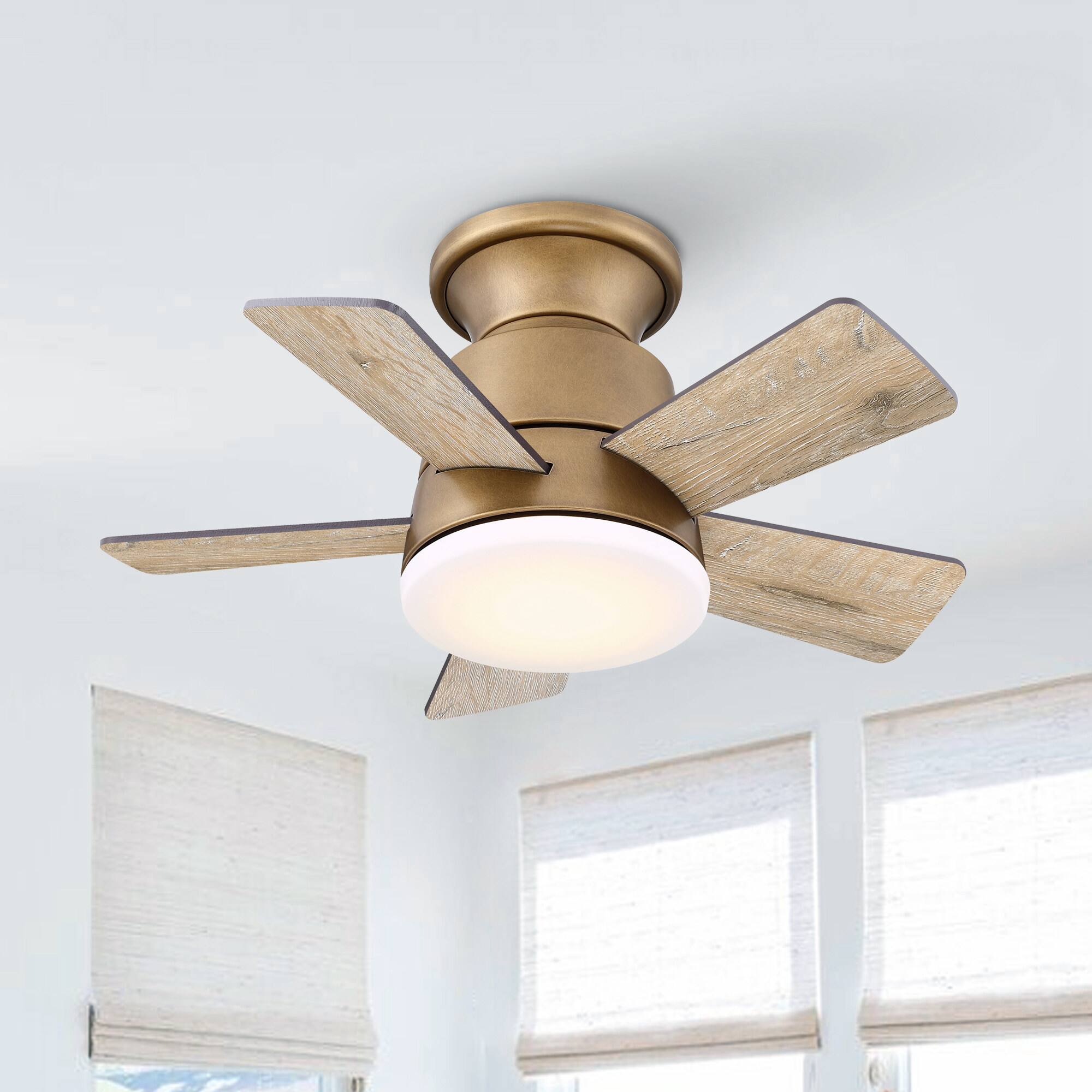 Left. Parrot Uncle - 24 in. Integrated LED Natural Brass Gold Flush Mount Ceiling Fan with Light and Remote - Natural Brass Gold.