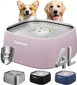 Pawtners - Dog No Spill Water Bowl 4L Stainless Steel, Slow Drink, Non-Slip - Flaminggo