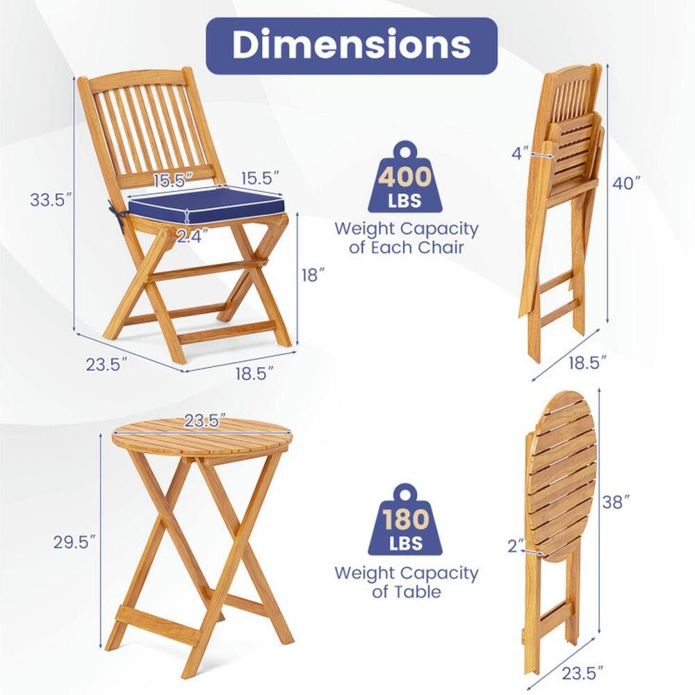 Dimensions:
- Chair: 33.5" H x 15.5" W x 2.4" D x 15.5" Seat Height
- Table: 23.5" W x 23.5" D x 29.5" H

Weight Capacity:
- Each Chair: 400 LBS
- Table: 180 LBS

Additional Measurements:
- Chair Back Height: 40"
- Table Top Thickness: 2"
- Round Table Diameter: 38"